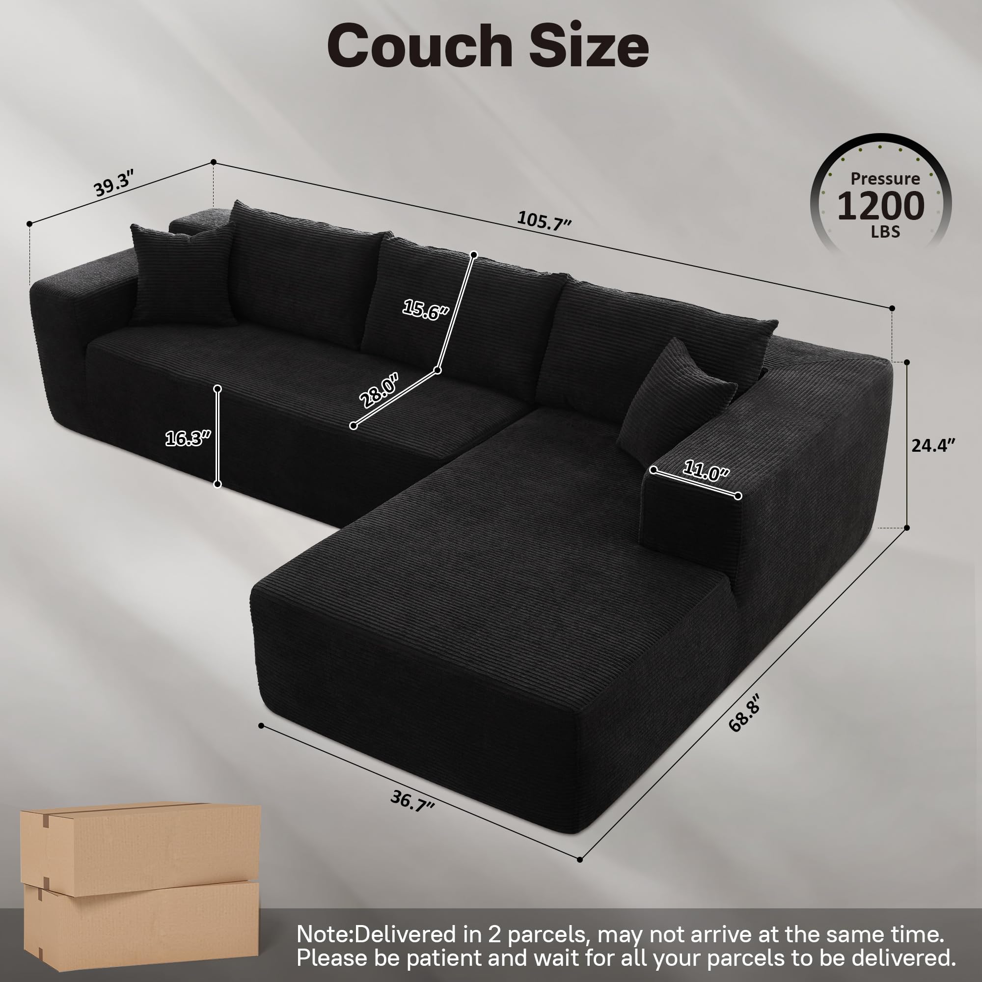 OVIOS 104" L-Shape Modular Couch with Chaise,Corduroy Fabric,No Assembly Required