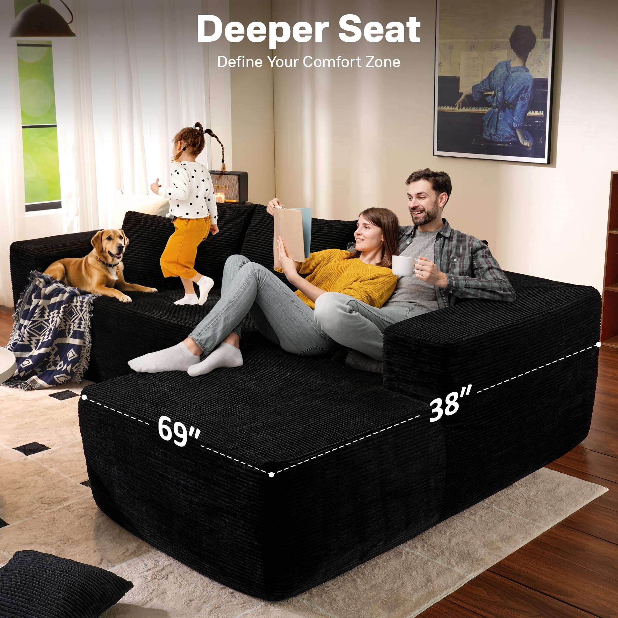 OVIOS 104" L-Shape Modular Couch with Chaise,Corduroy Fabric,No Assembly Required