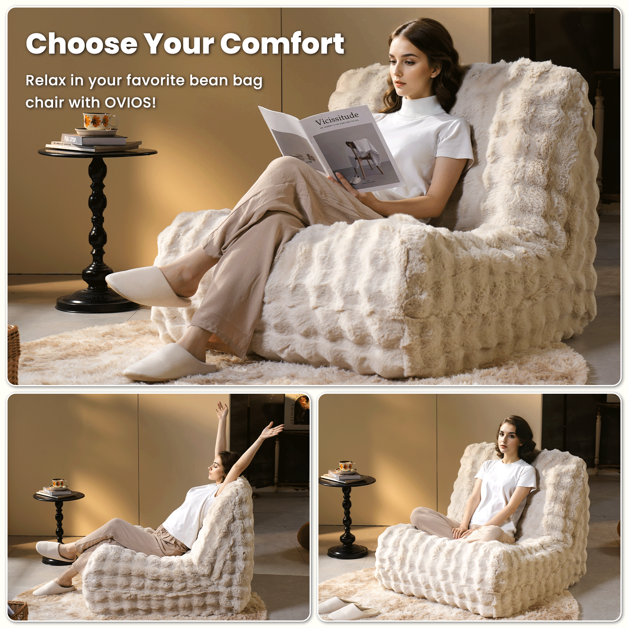 OVIOS Luxurious Fluffy Faux Fur Bean Bag Couch