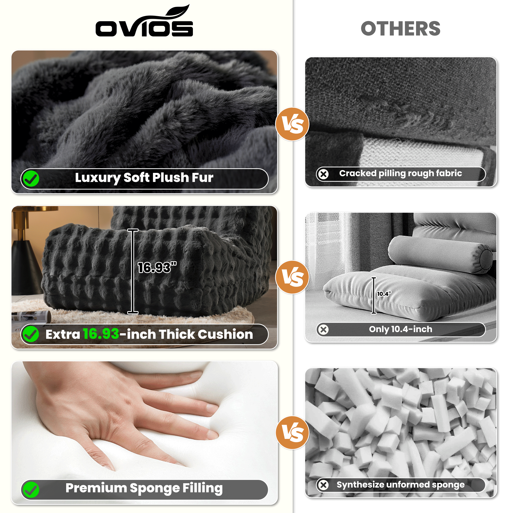 OVIOS Luxurious Fluffy Faux Fur Bean Bag Couch