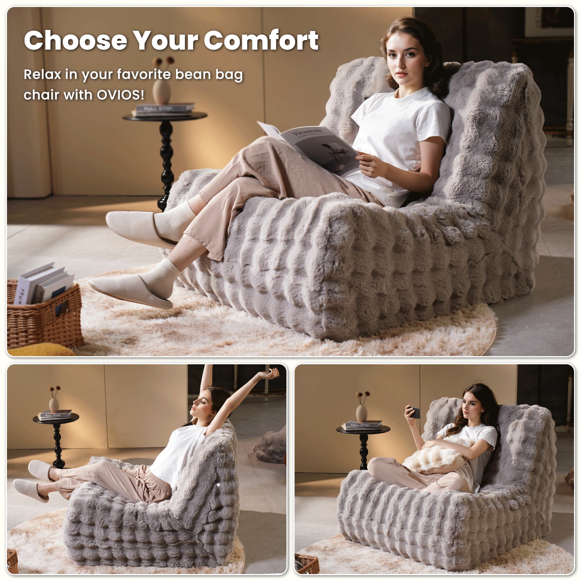 OVIOS Luxurious Fluffy Faux Fur Bean Bag Couch
