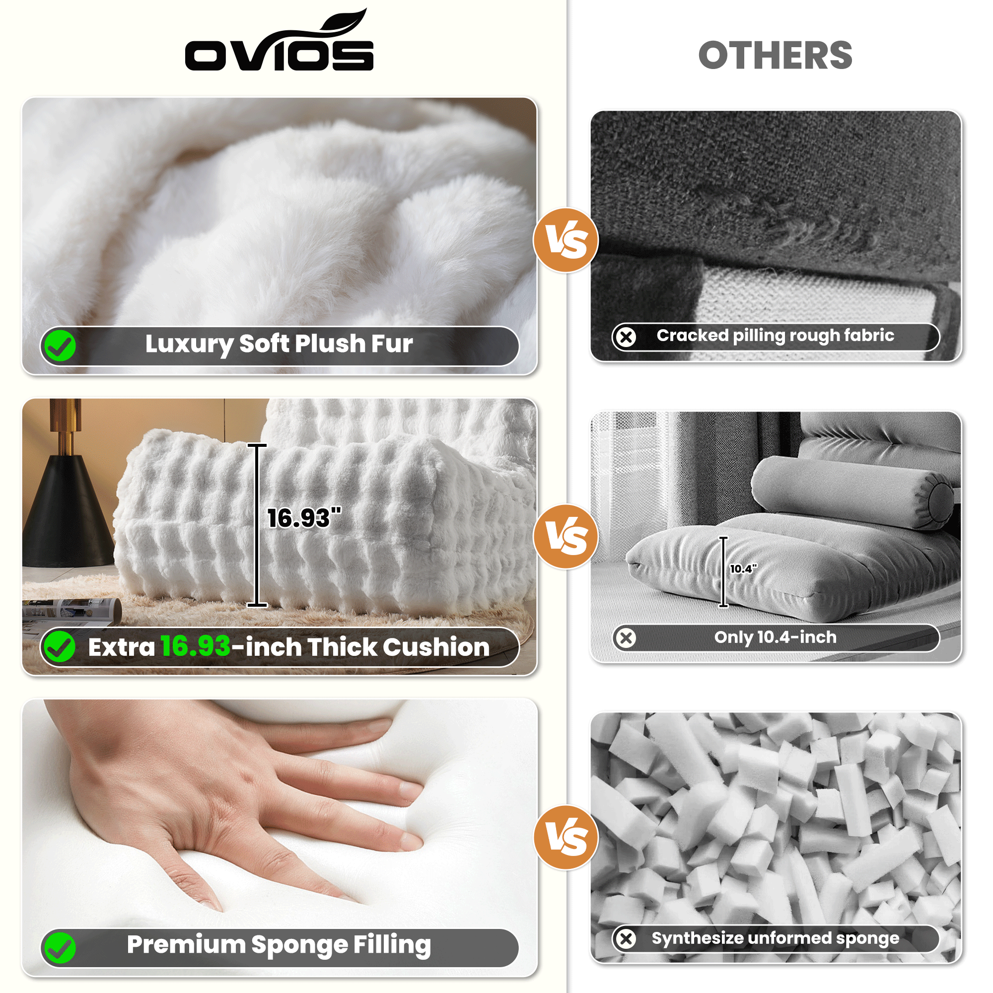 OVIOS Luxurious Fluffy Faux Fur Bean Bag Couch