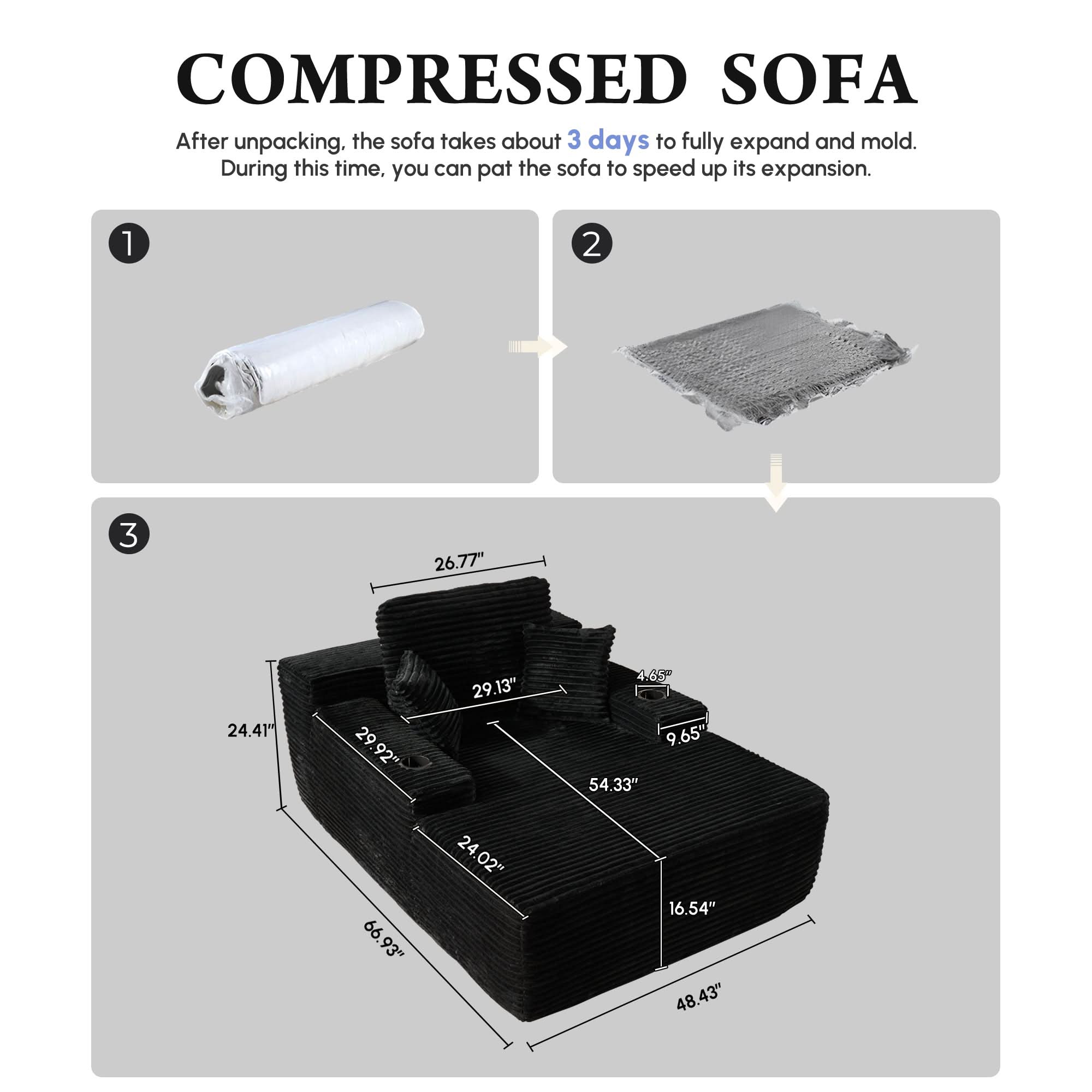 OVIOS 67'' Oversized Chaise Lounge ,Corduroy Sleeper Sofa with Cup Holders