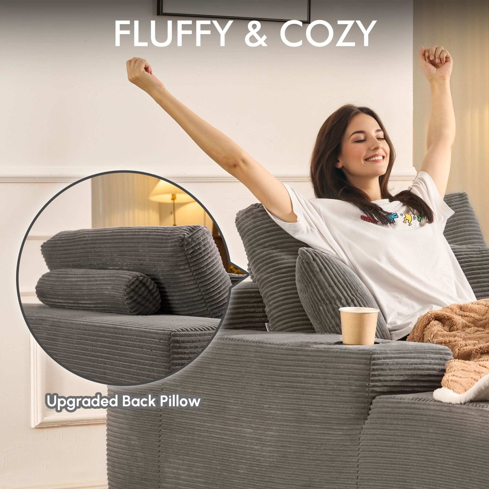 OVIOS 67'' Oversized Chaise Lounge ,Corduroy Sleeper Sofa with Cup Holders