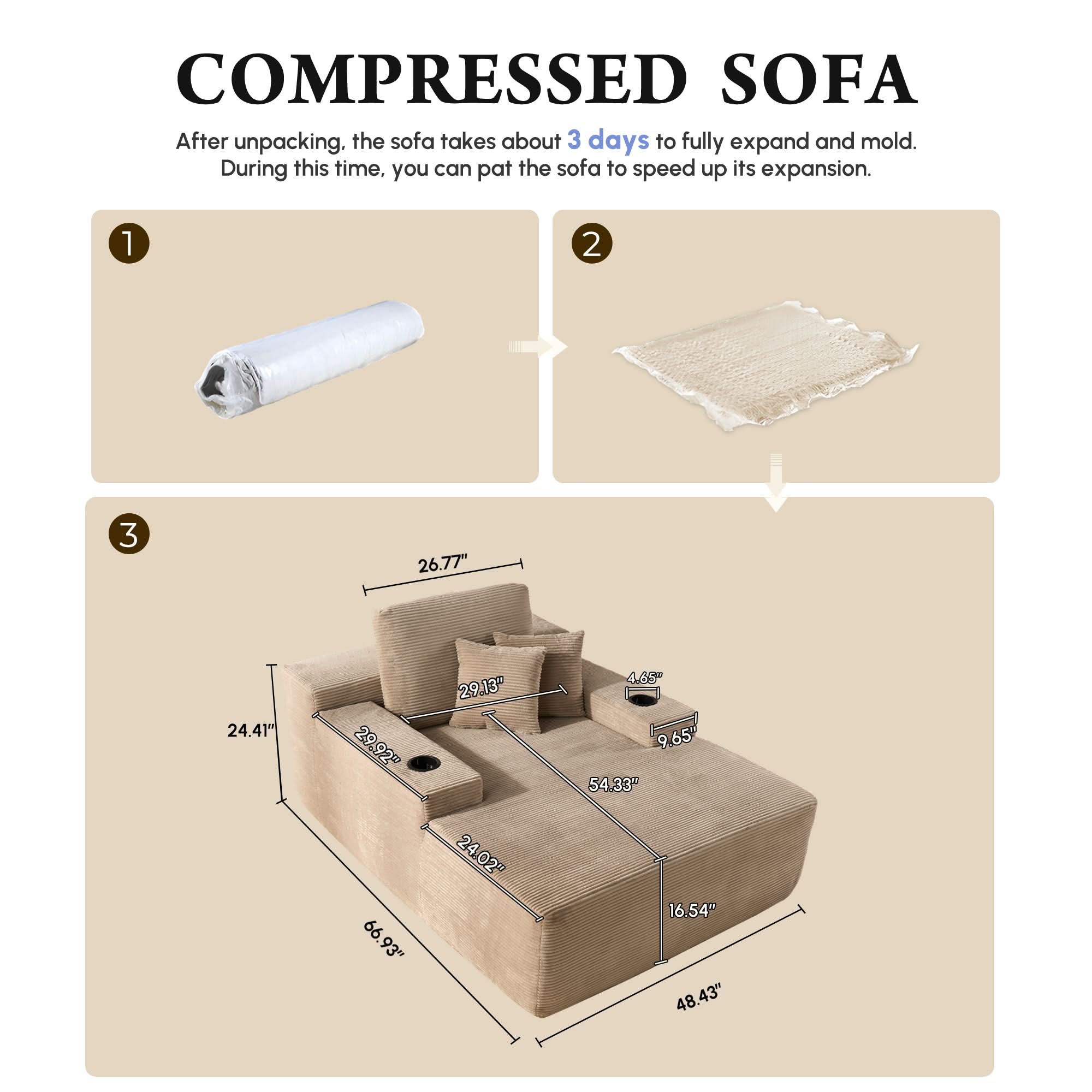 OVIOS 67'' Oversized Chaise Lounge ,Corduroy Sleeper Sofa with Cup Holders