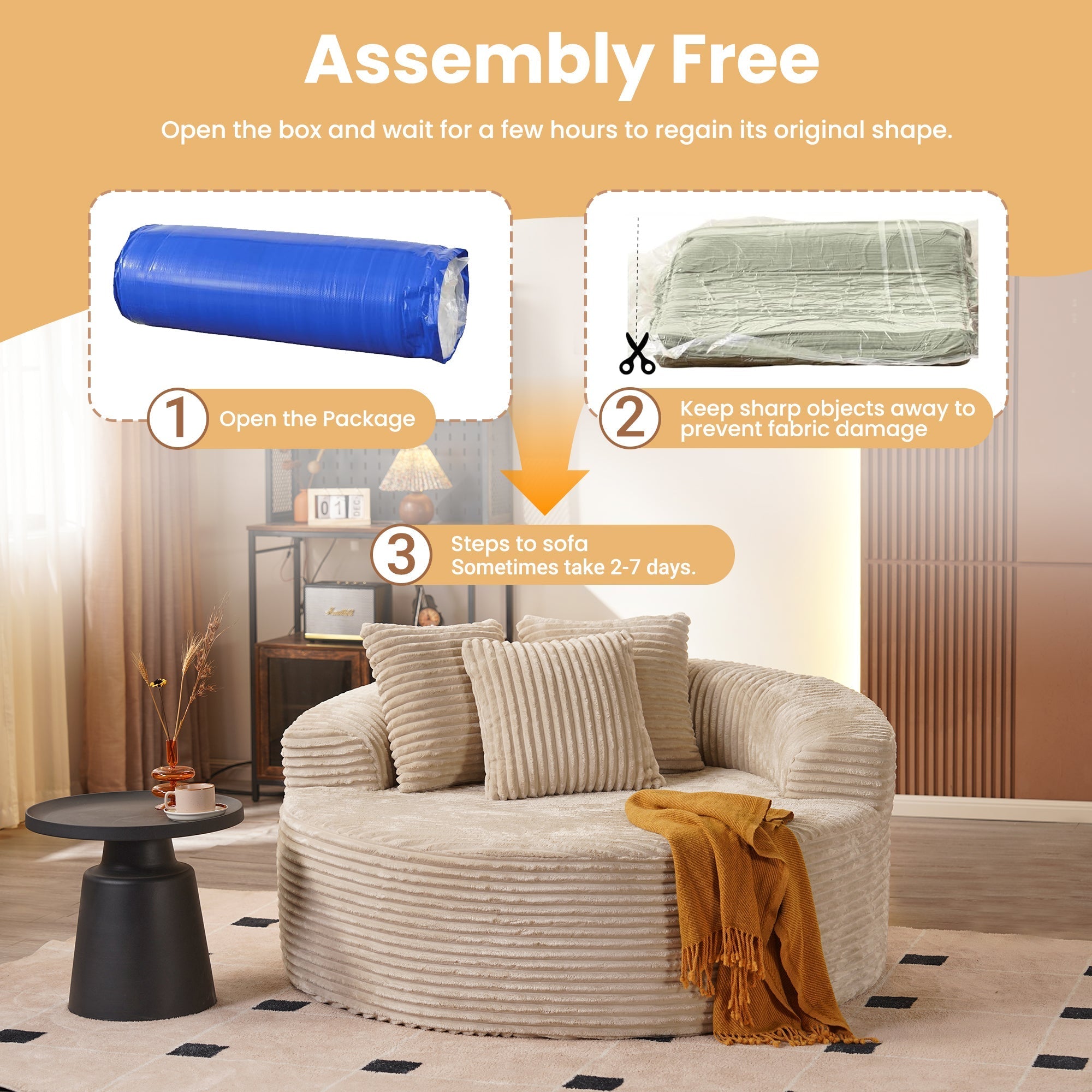 OVIOS 59" O-Shape Modular Couch, Plush Corduroy Fabric, No Assembly Required