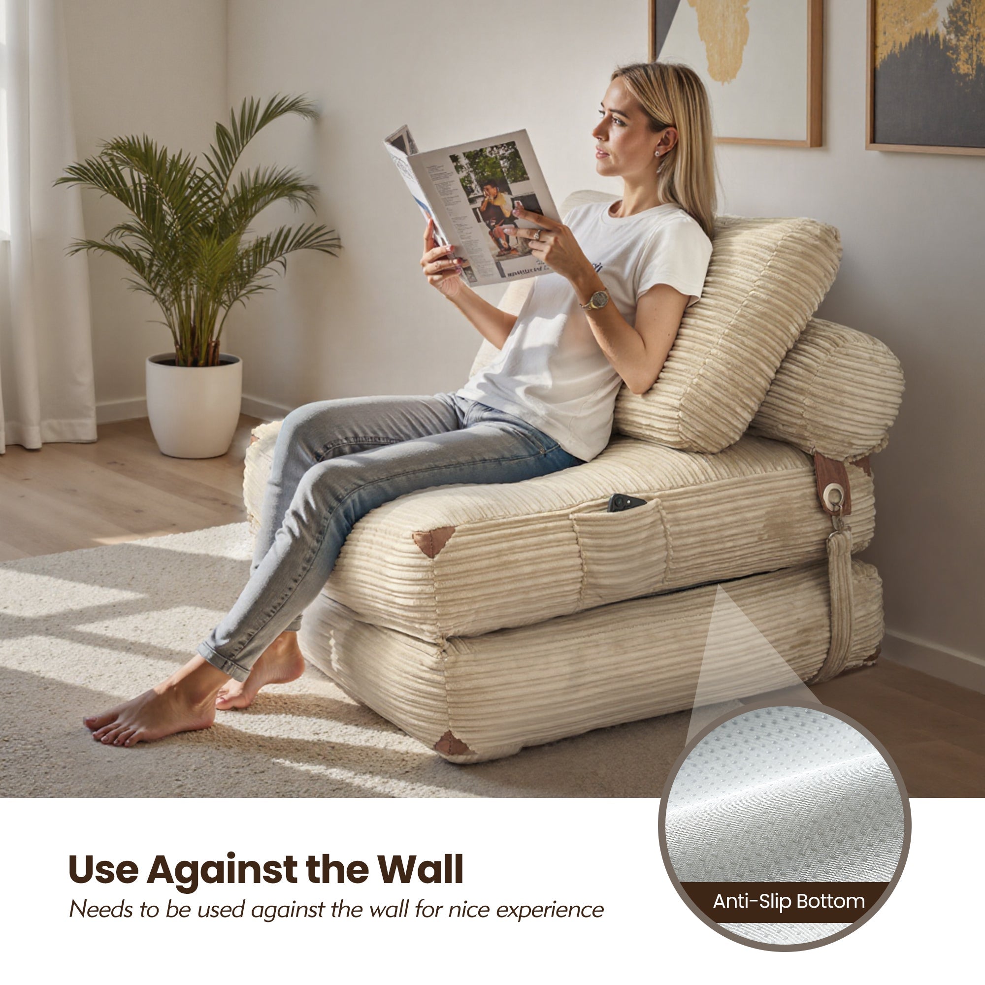 OVIOS Bean Bag Bed Folding Sofa Bed – Convertible Sleeper Chair with Pillow & Back Support