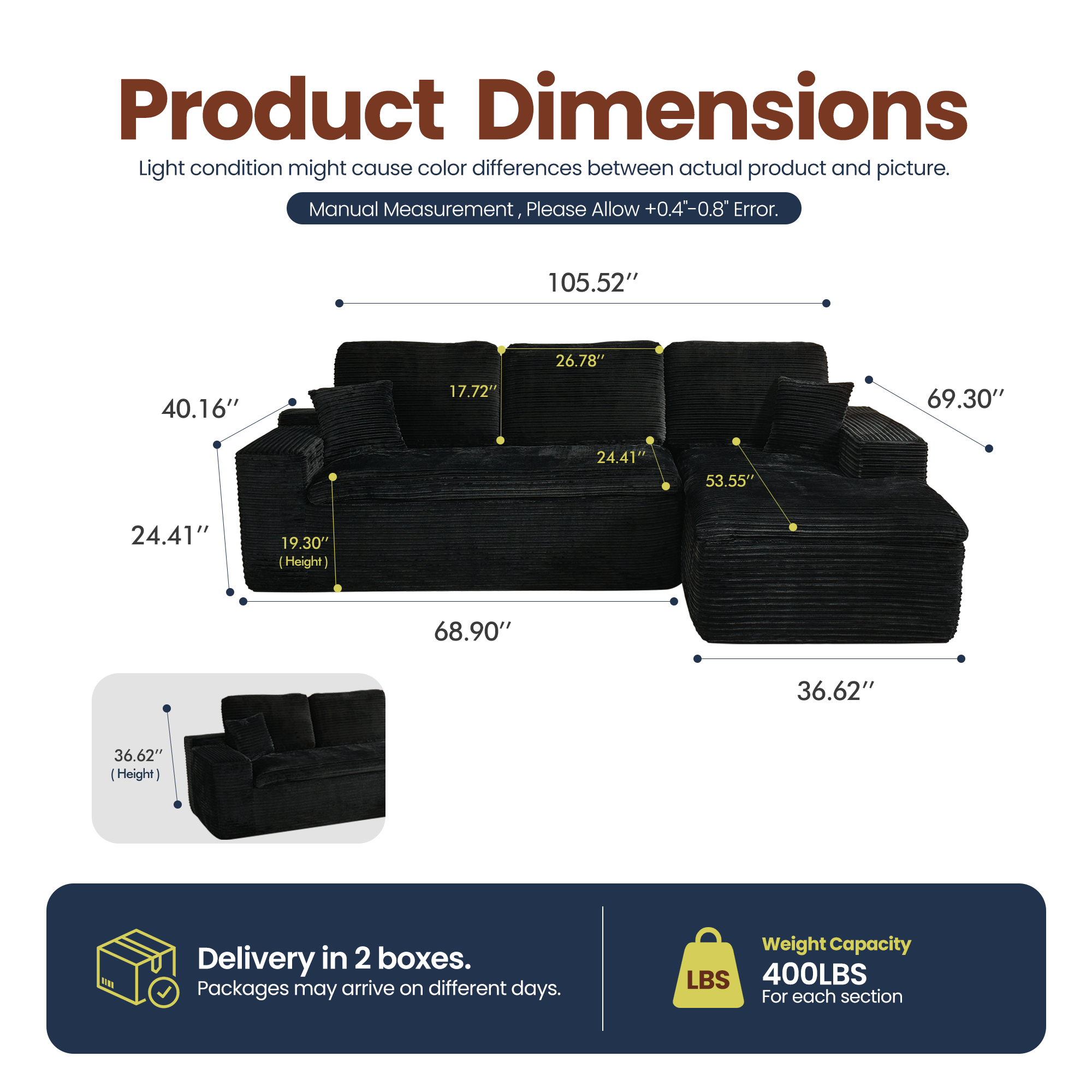 OVIOS 105" Modular L-Shape Sectional Sofa with Chaise, Deep Seat Cloud Couch
