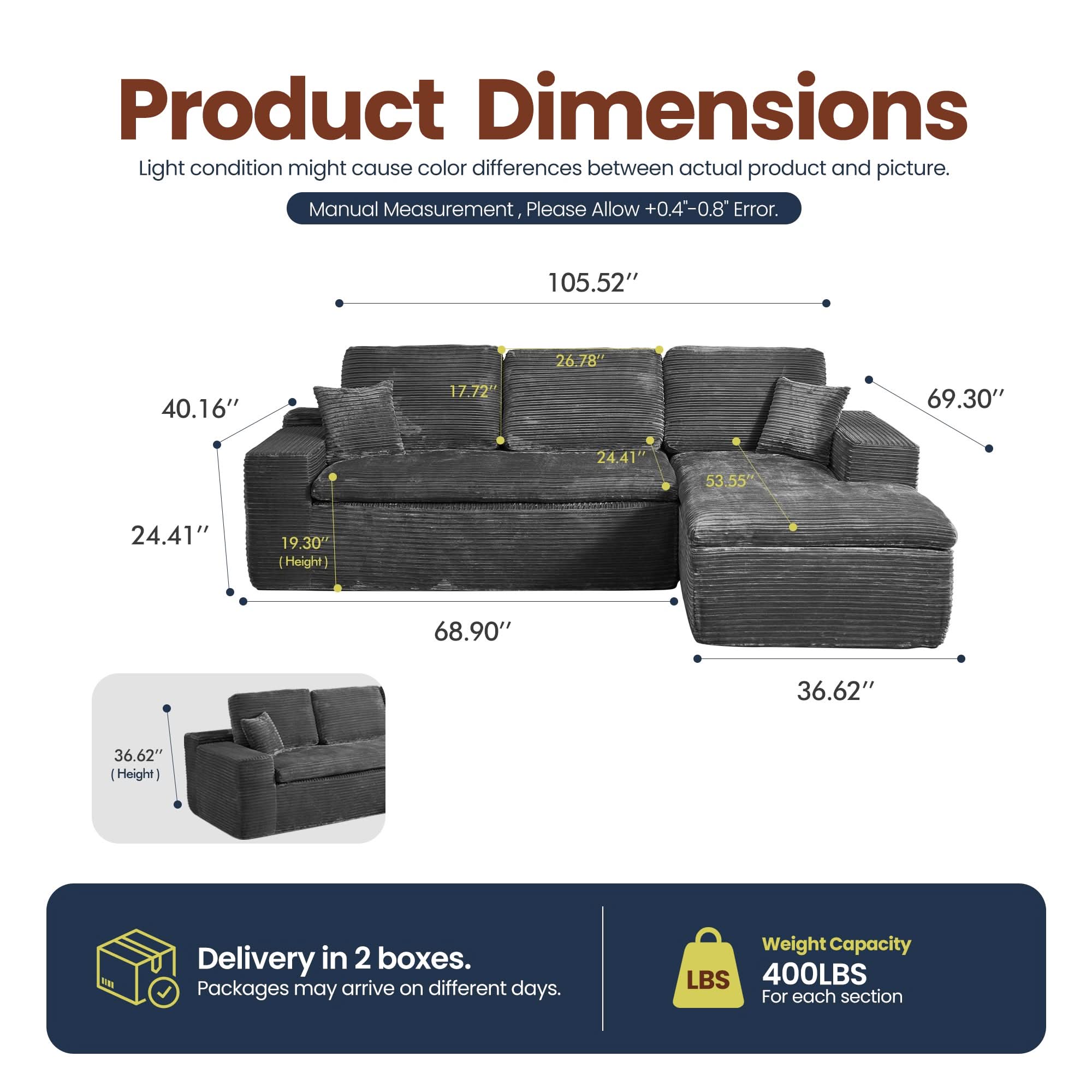 OVIOS 105" Modular L-Shape Sectional Sofa with Chaise, Deep Seat Cloud Couch