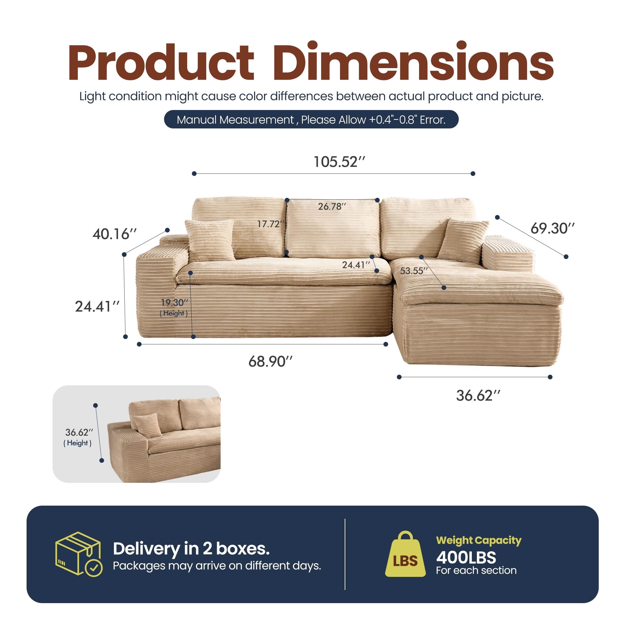 OVIOS 105" Modular L-Shape Sectional Sofa with Chaise, Deep Seat Cloud Couch
