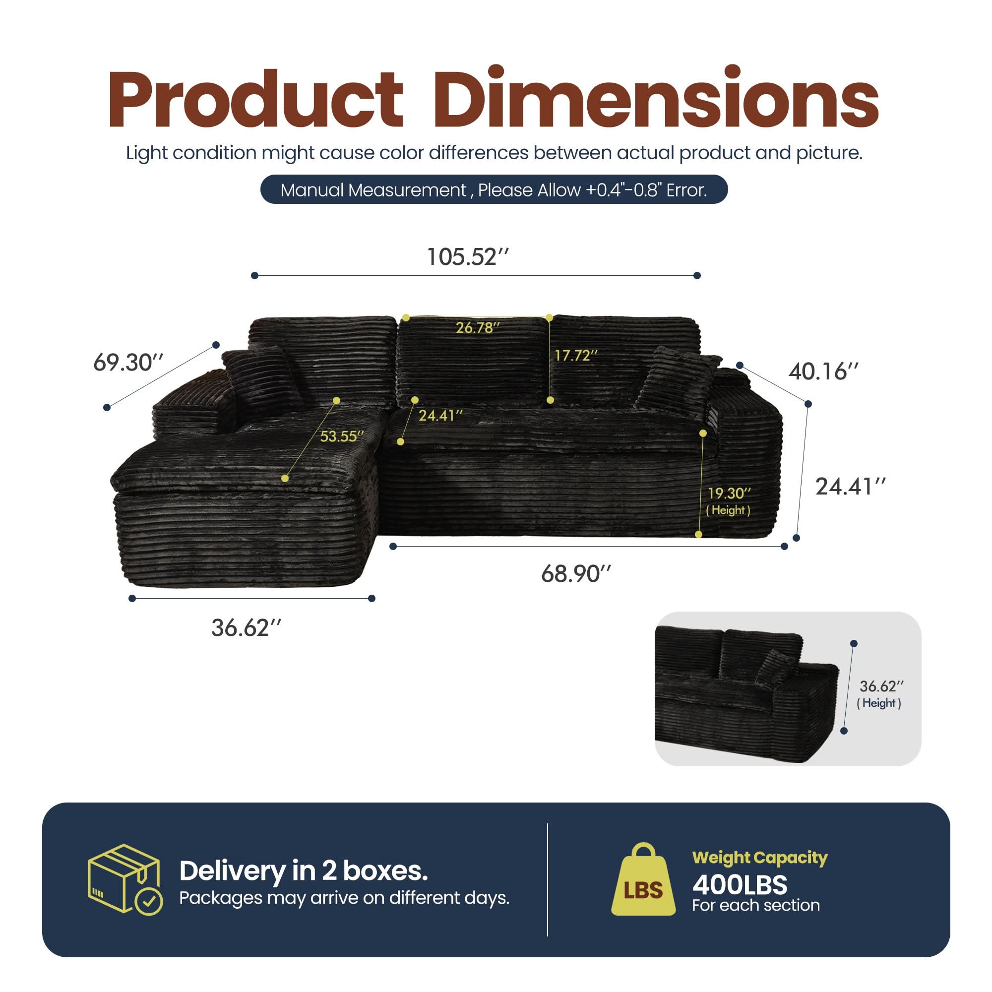 OVIOS 105" Modular Sectional Sofa with Chaise,Deep Seat Cloud Couch, Modern L-Shape