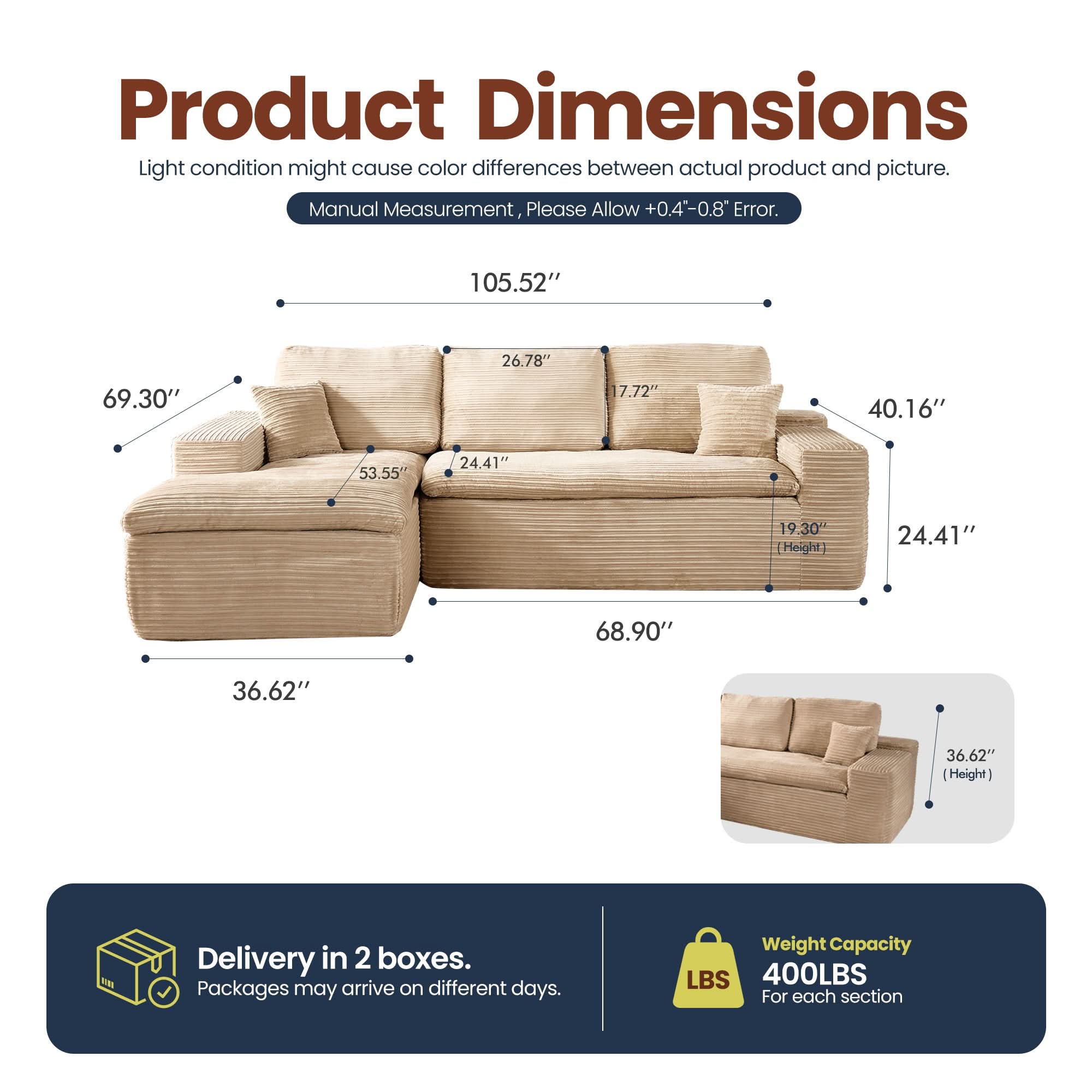 OVIOS 105" Modular L-Shape Sectional Sofa with Chaise, Deep Seat Cloud Couch
