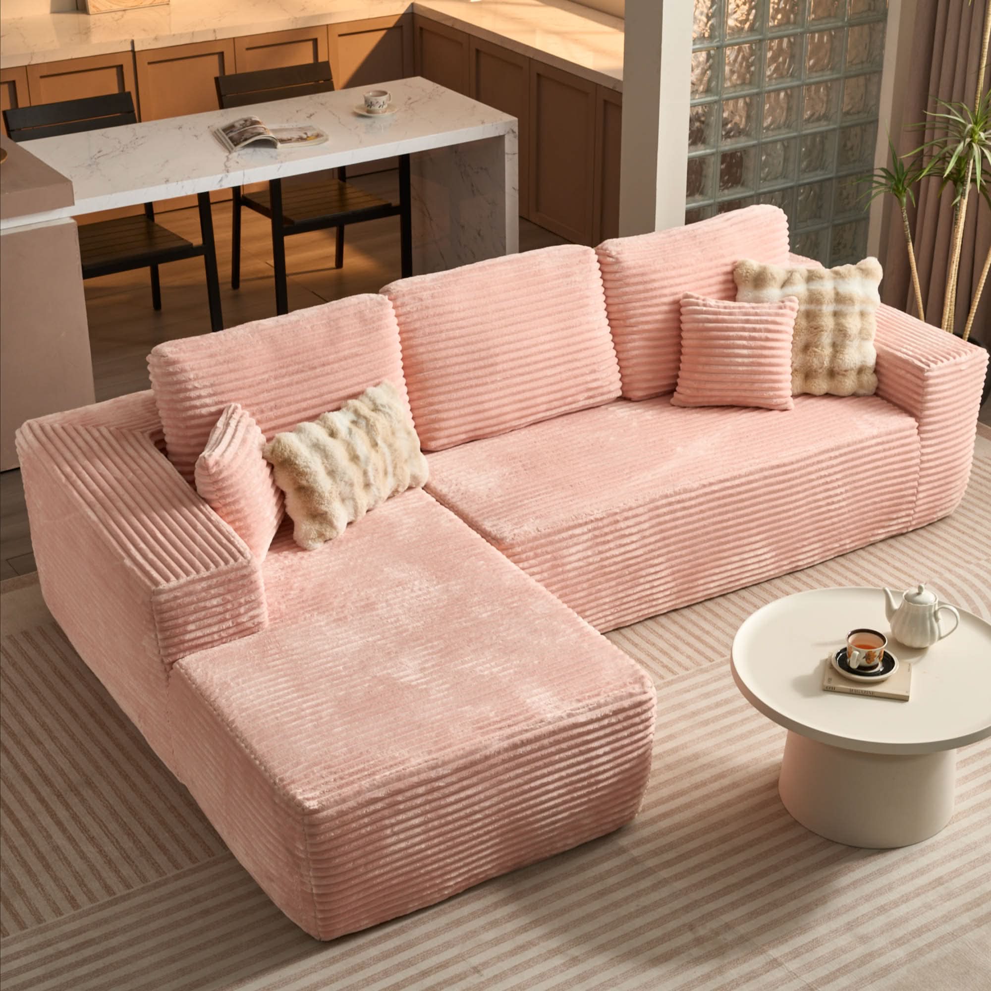 OVIOS 104" L-Shape Modular Couch with Chaise, Plush Corduroy Fabric, No Assembly Required