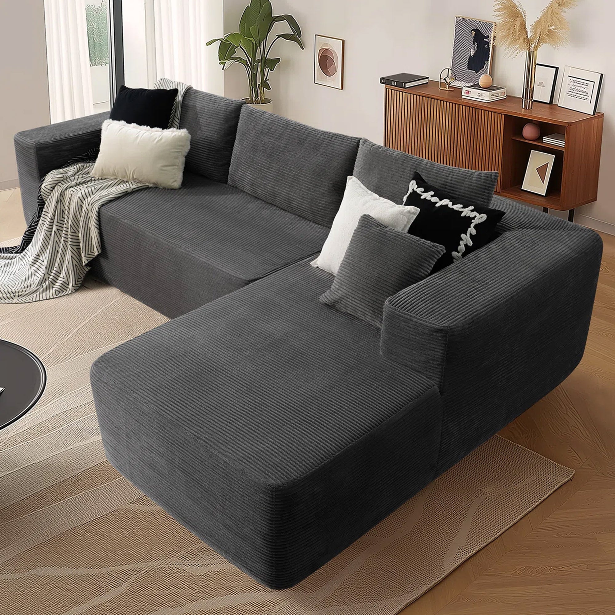 OVIOS 104" L-Shape Modular Couch with Chaise,Corduroy Fabric,No Assembly Required