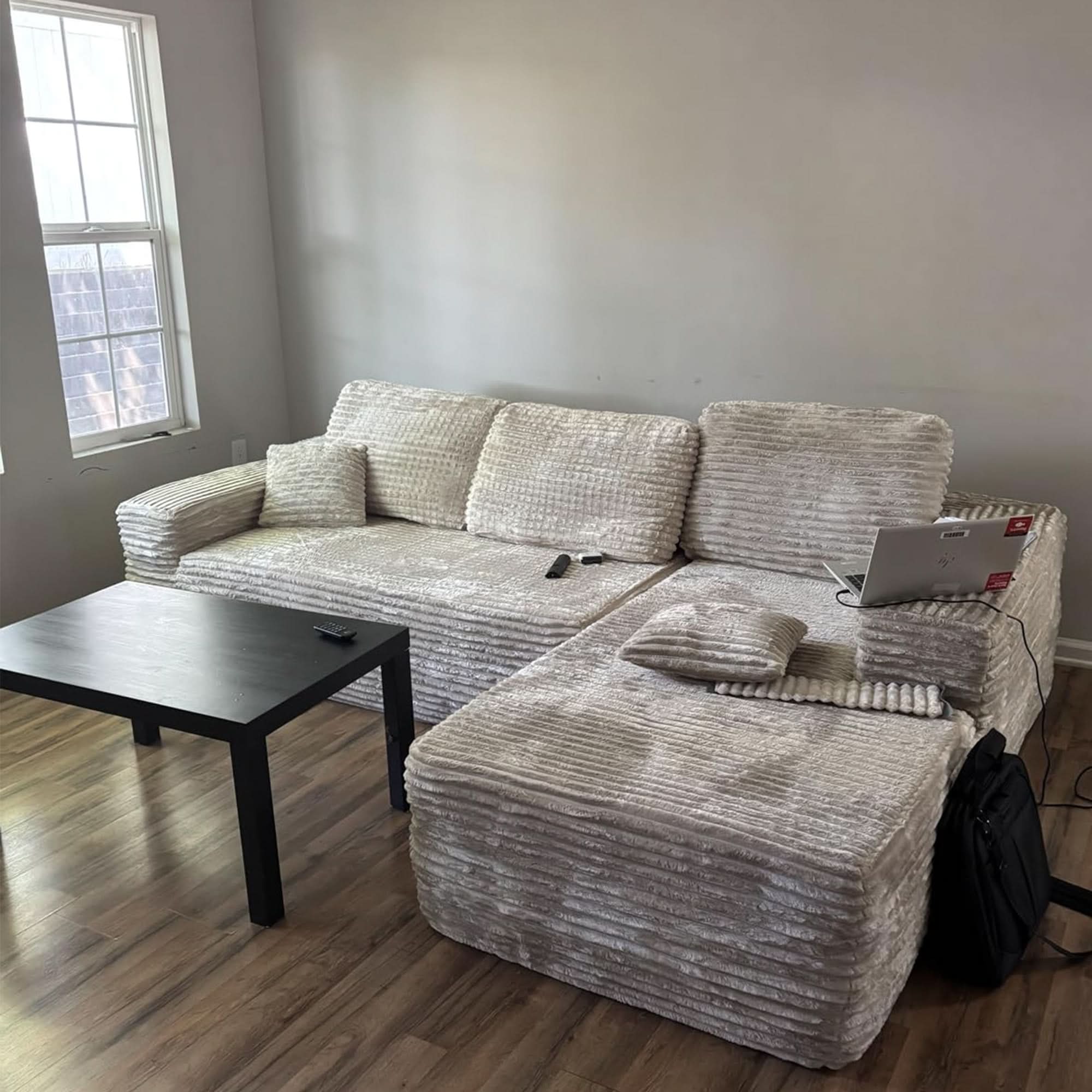 OVIOS 104" L-Shape Modular Couch with Chaise, Plush Corduroy Fabric, No Assembly Required