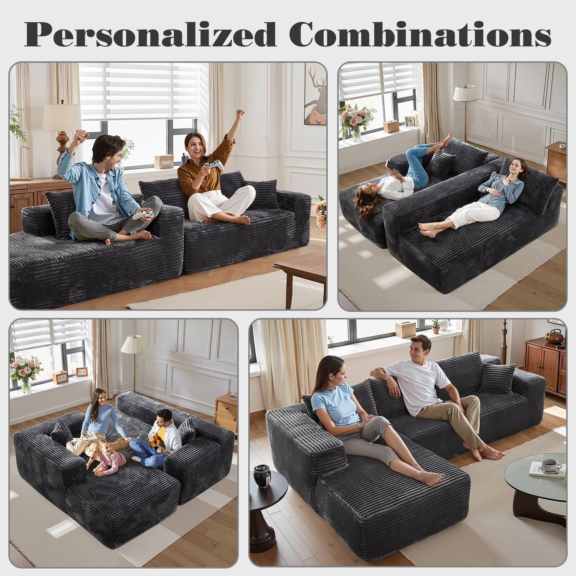 OVIOS 104" L-Shape Modular Couch with Chaise, Plush Corduroy Fabric, No Assembly Required