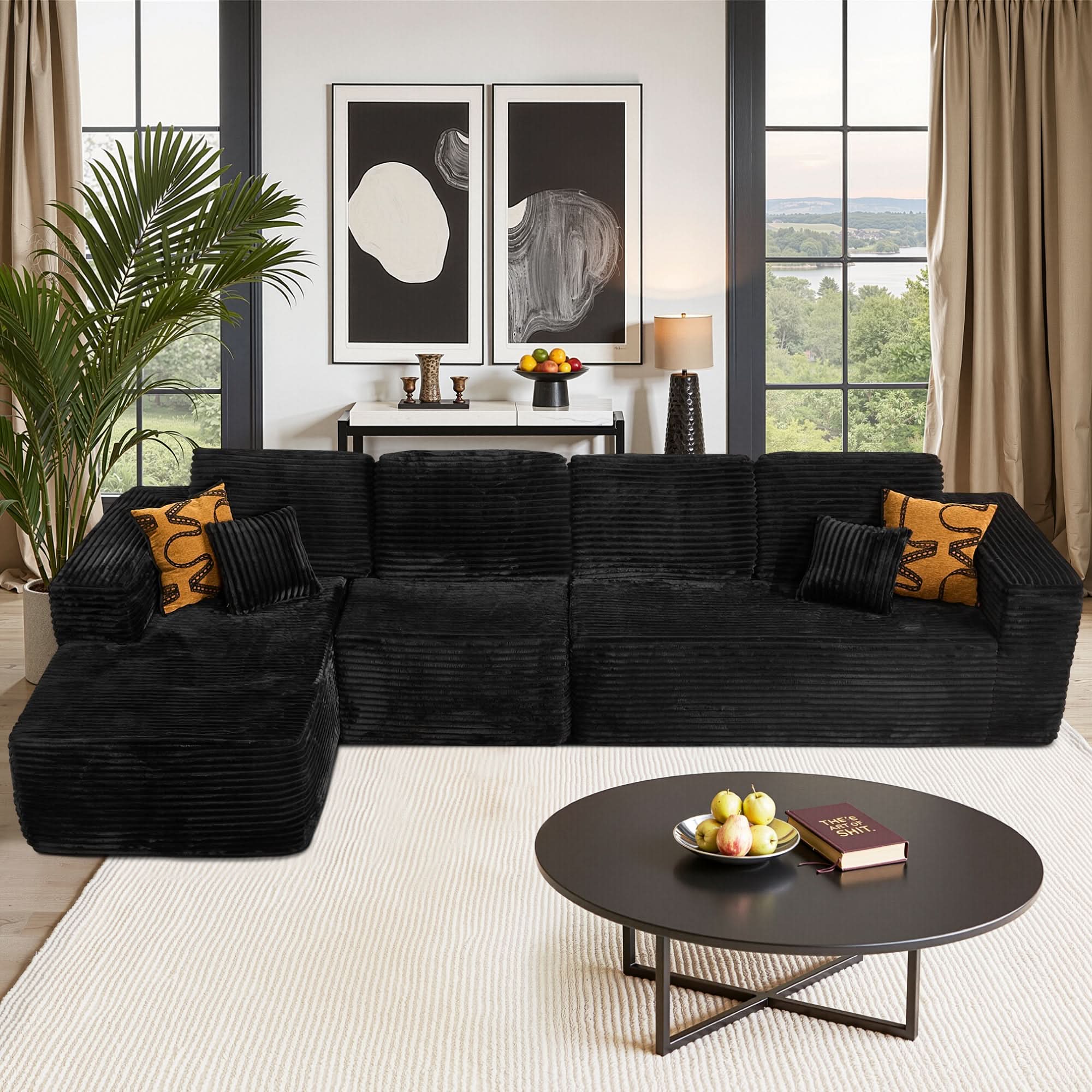 OVIOS Modular Cloud Sofa with Memory Foam, L-Shaped Chaise, Corduroy Upholstery - No Assembly Needed