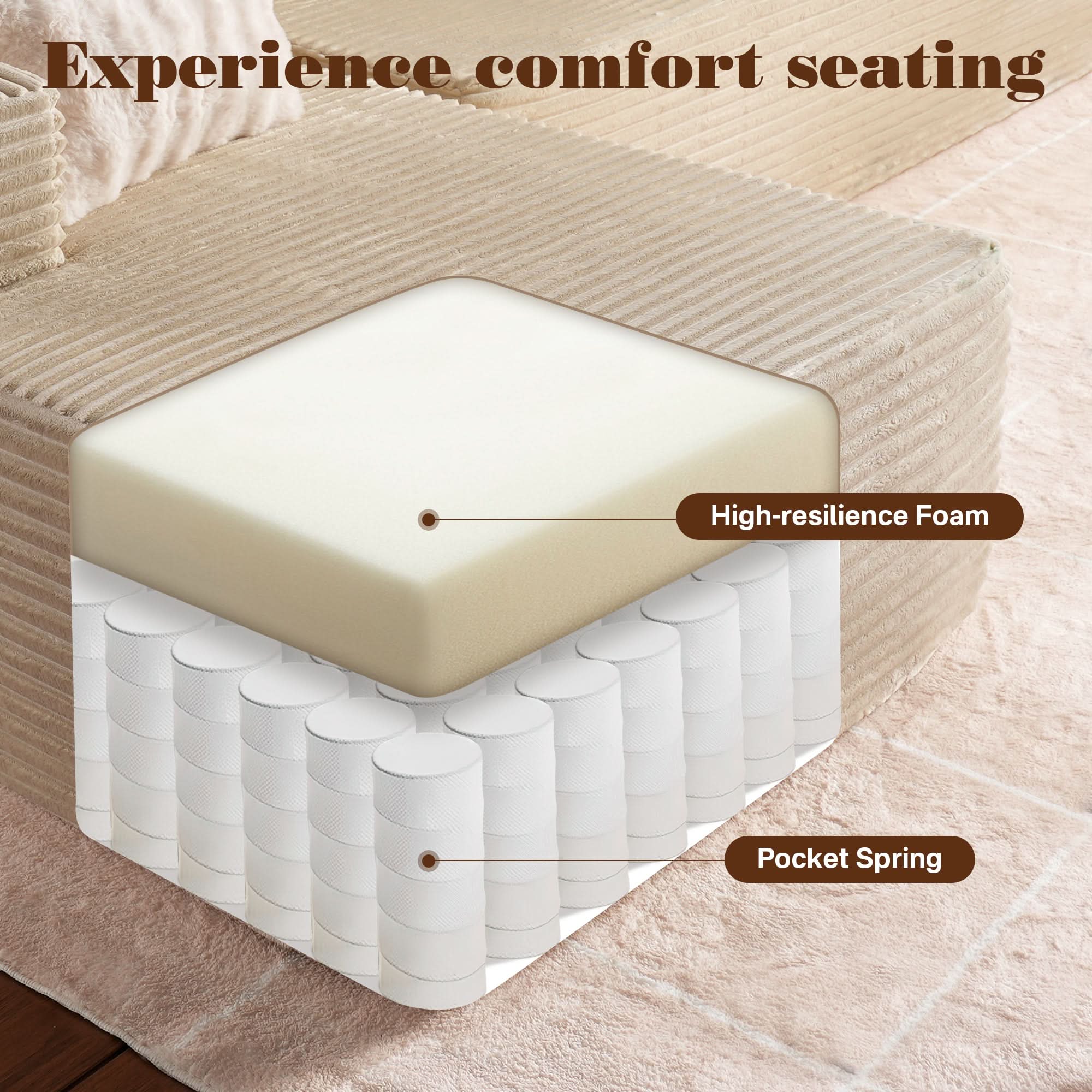 OVIOS 104" L-Shape Modular Couch with Chaise, Plush Corduroy Fabric, No Assembly Required