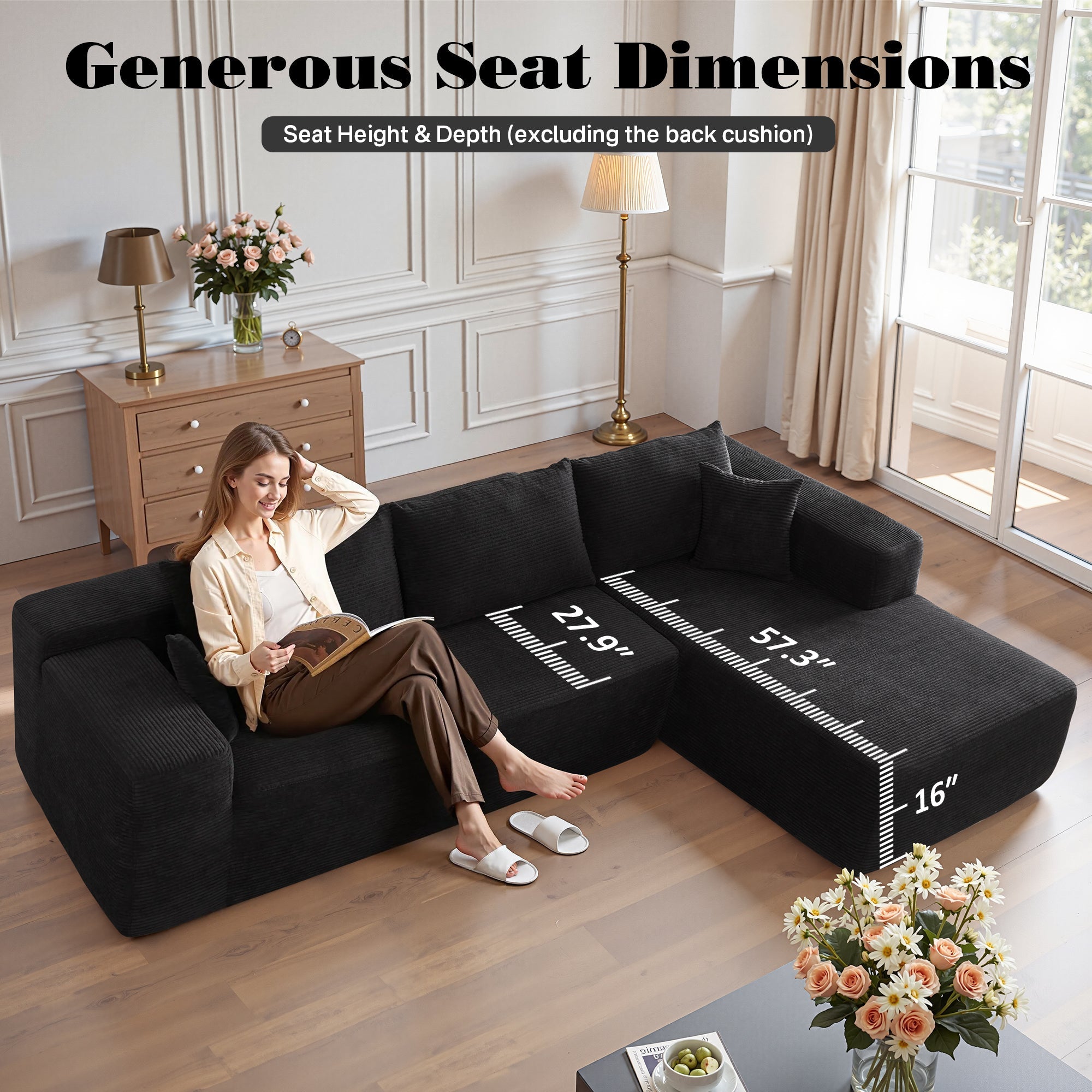 OVIOS 104" L-Shape Modular Couch with Chaise,Corduroy Fabric,No Assembly Required