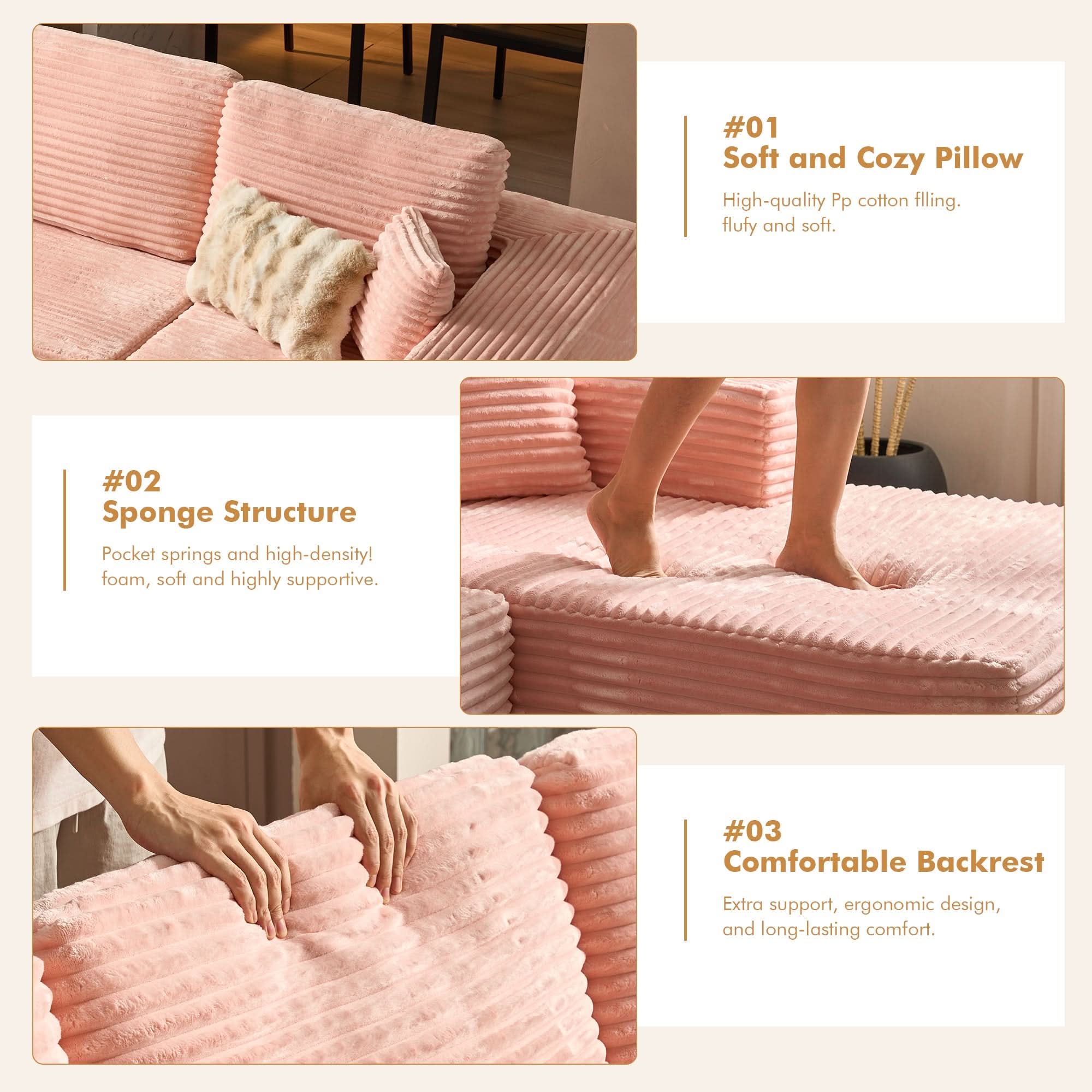 OVIOS 104" L-Shape Modular Couch with Chaise, Plush Corduroy Fabric, No Assembly Required