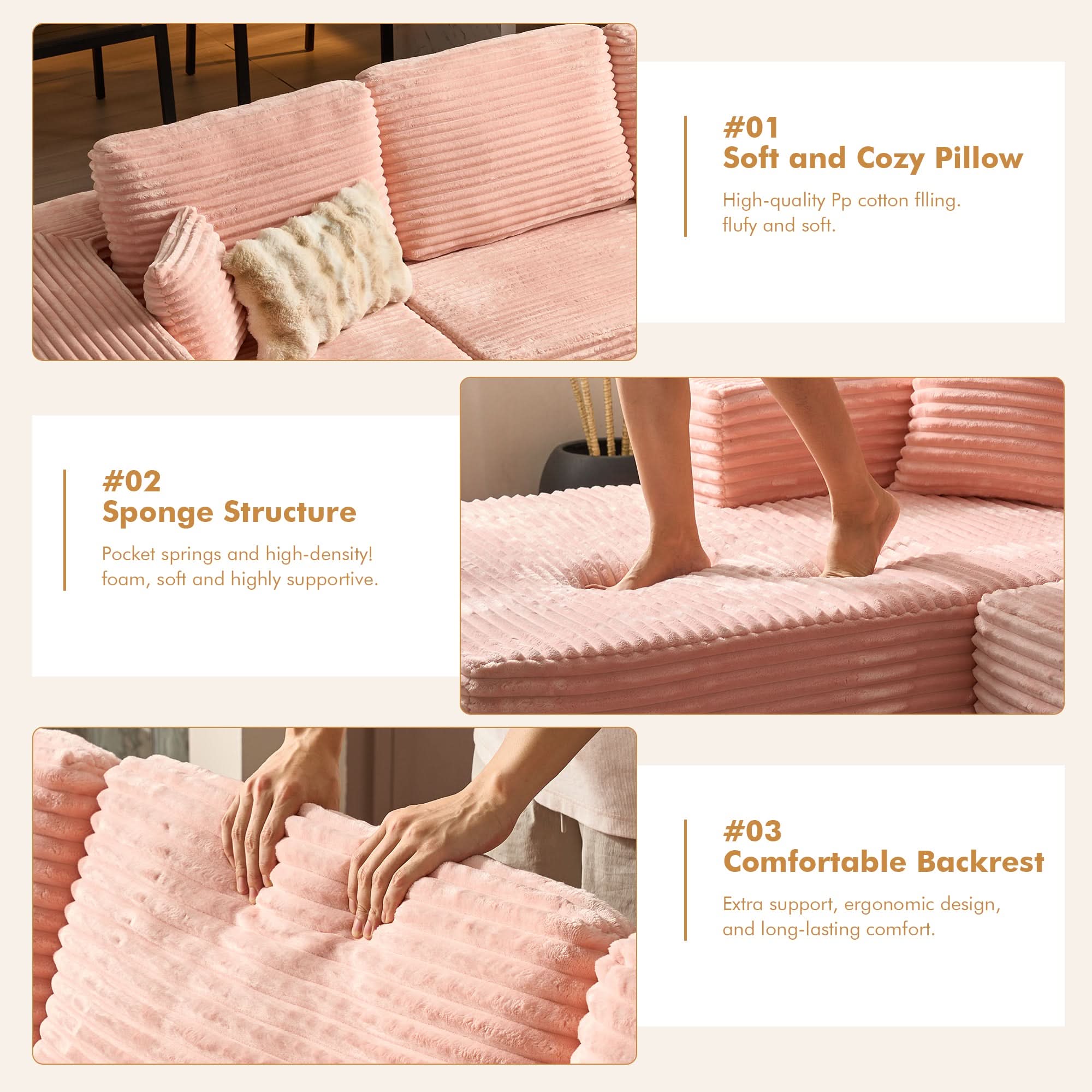 OVIOS 104" L-Shape Modular Couch with Chaise, Plush Corduroy Fabric, No Assembly Required