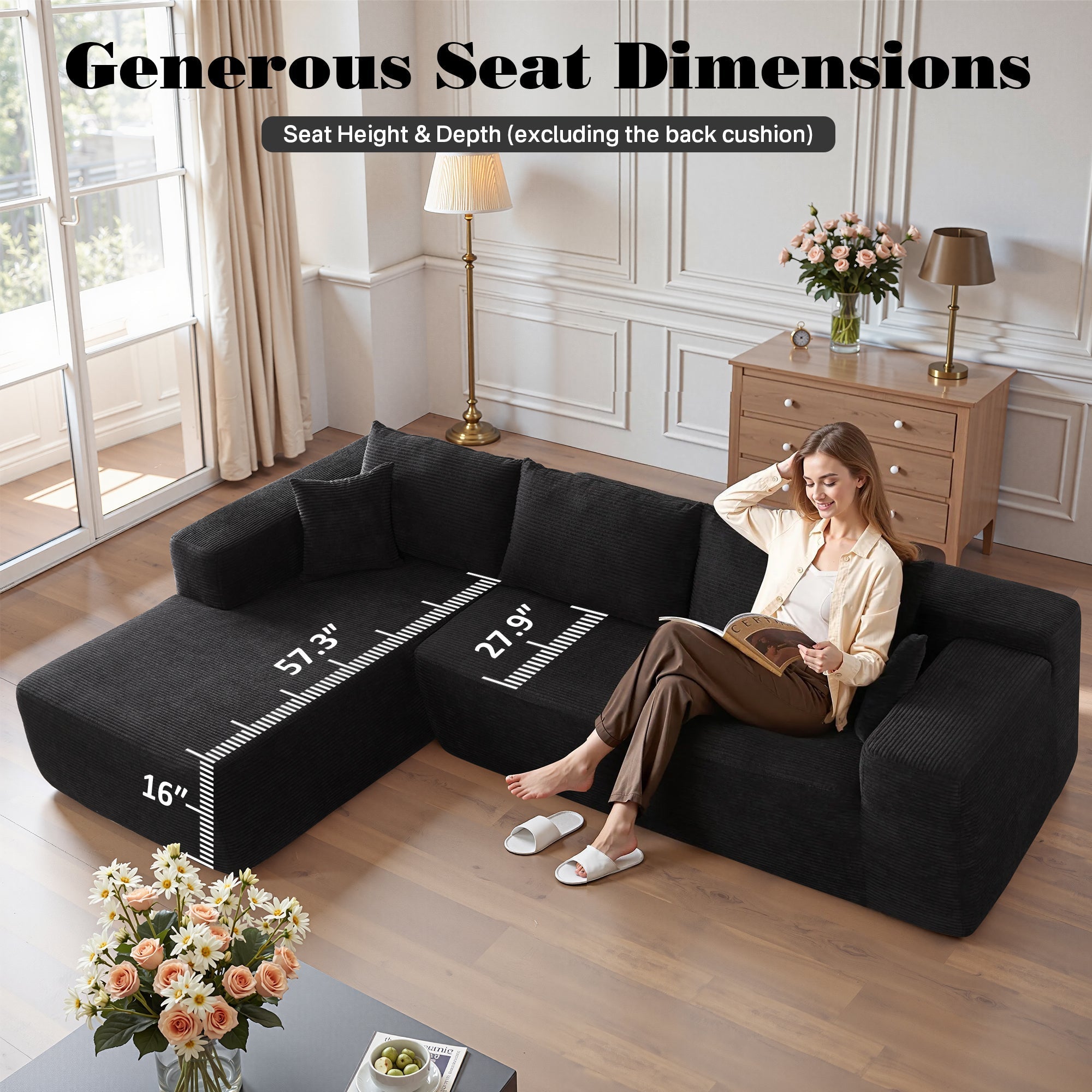 OVIOS 104" L-Shape Modular Couch with Chaise,Corduroy Fabric,No Assembly Required