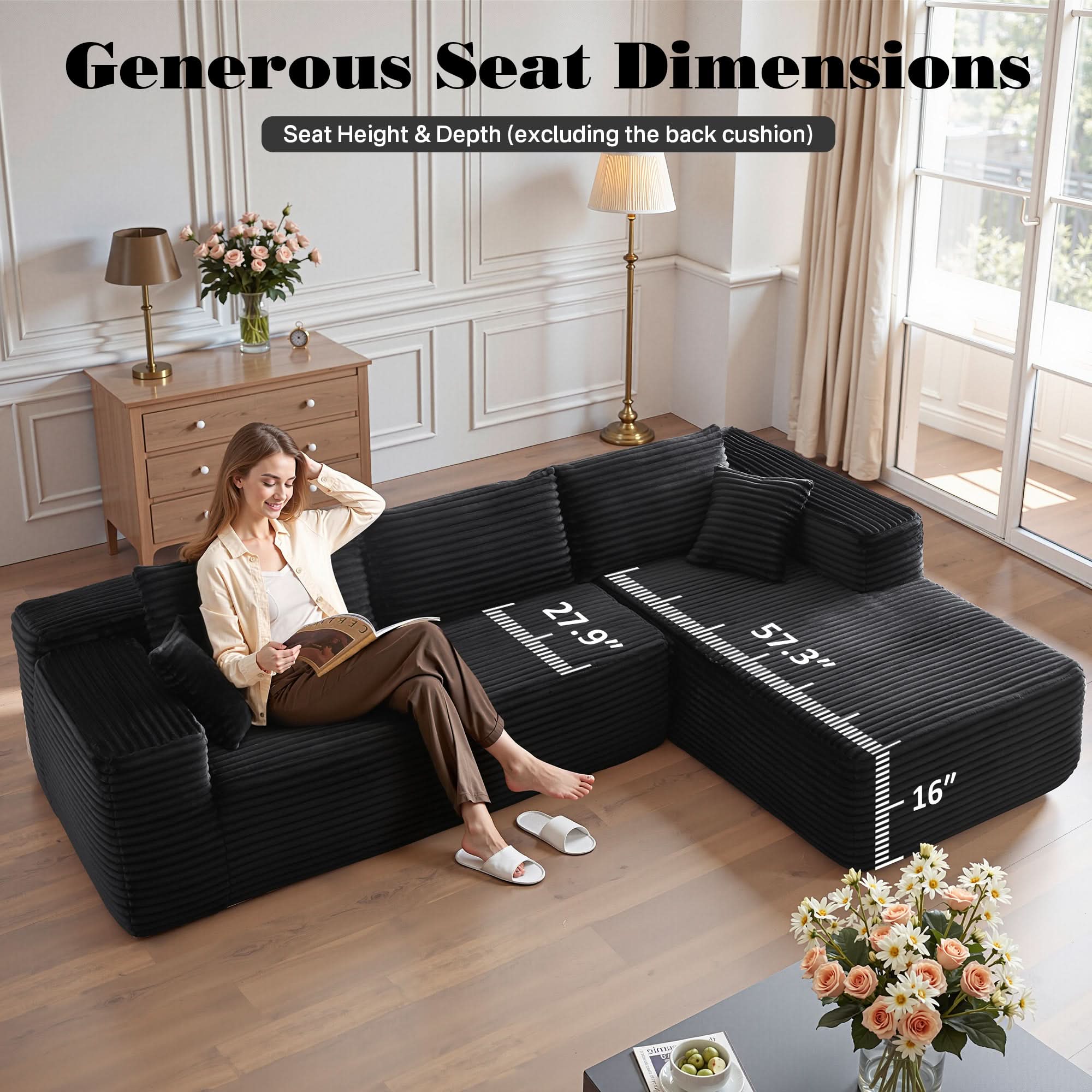 OVIOS 104" L-Shape Modular Couch with Chaise, Plush Corduroy Fabric, No Assembly Required