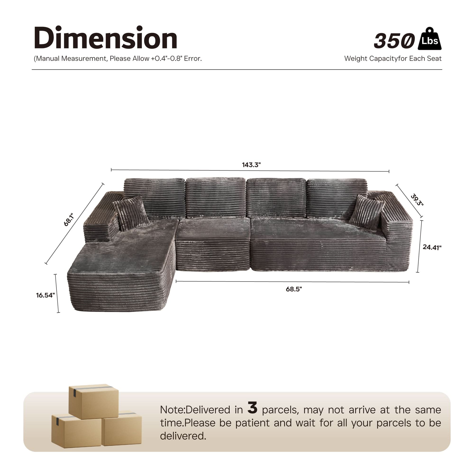OVIOS Modular Cloud Sofa with Memory Foam, L-Shaped Chaise, Corduroy Upholstery - No Assembly Needed