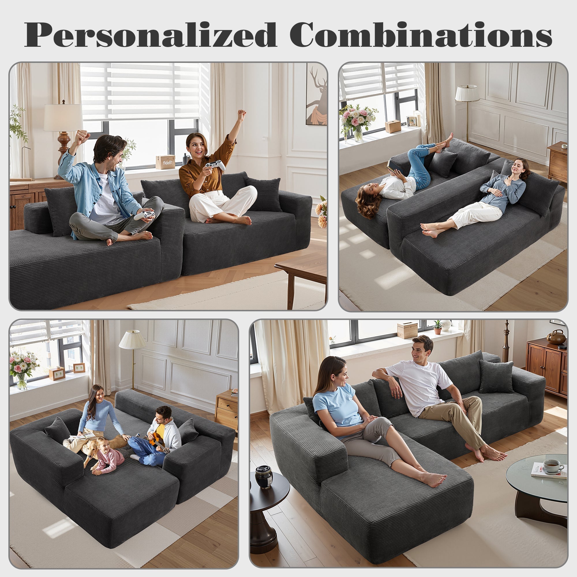 OVIOS 104" L-Shape Modular Couch with Chaise,Corduroy Fabric,No Assembly Required