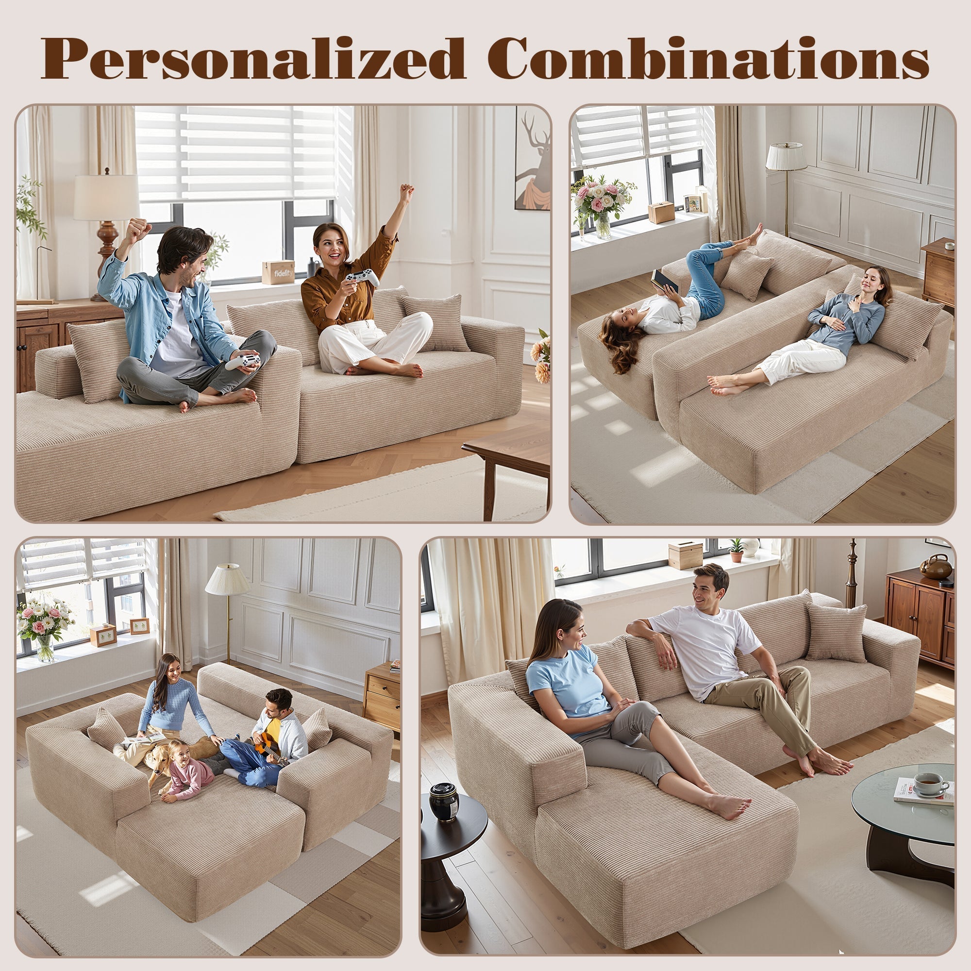 OVIOS 104" L-Shape Modular Couch with Chaise,Corduroy Fabric,No Assembly Required