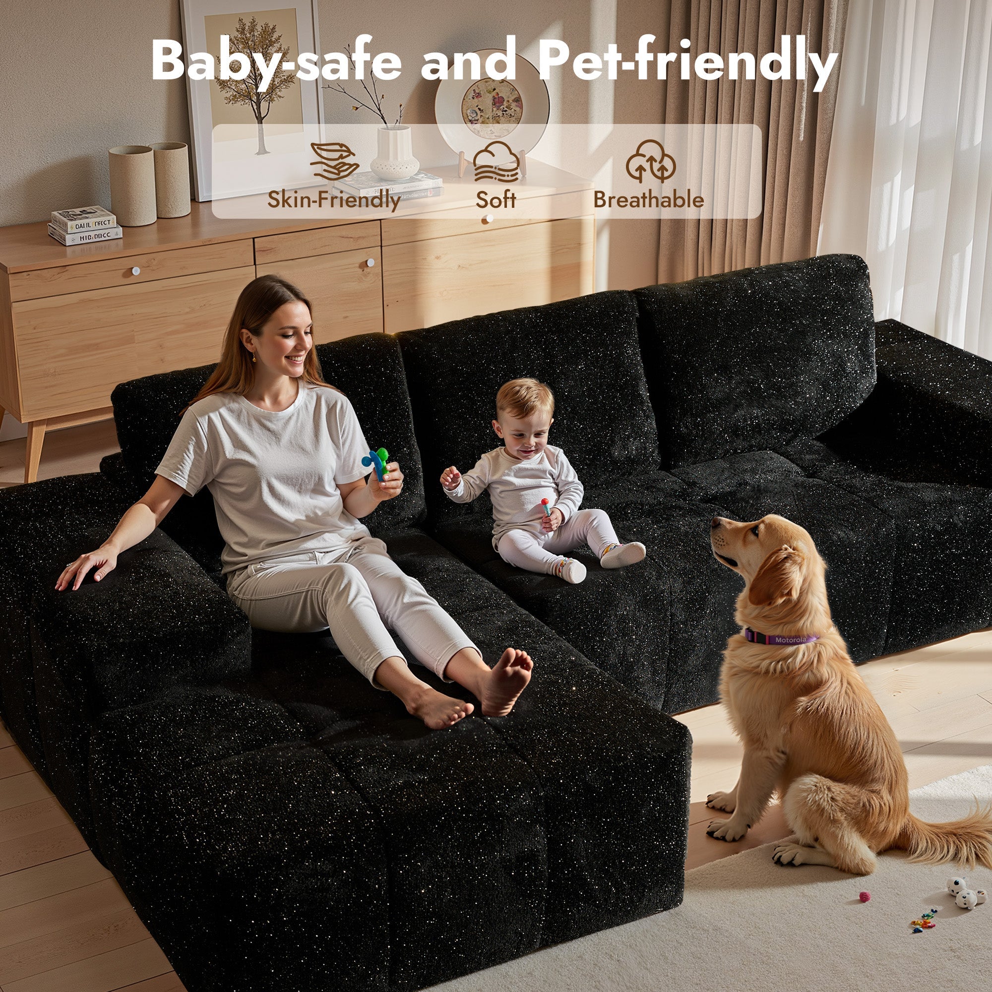 OVIOS 114" Cloud Sectional Sofa - L-Shaped Faux Leather Modular Couch with Deep Seat Chaise