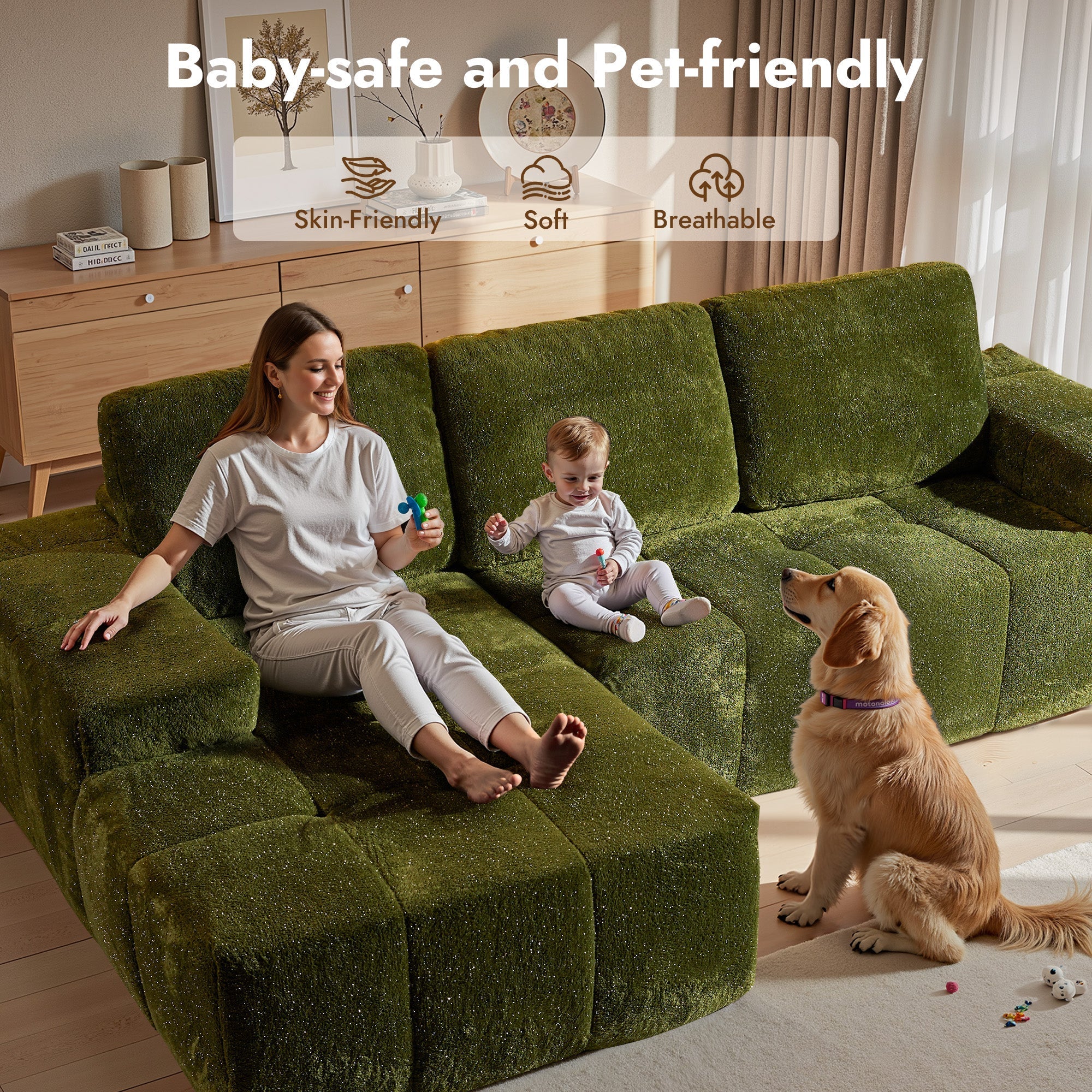 OVIOS 114" Cloud Sectional Sofa - L-Shaped Faux Leather Modular Couch with Deep Seat Chaise