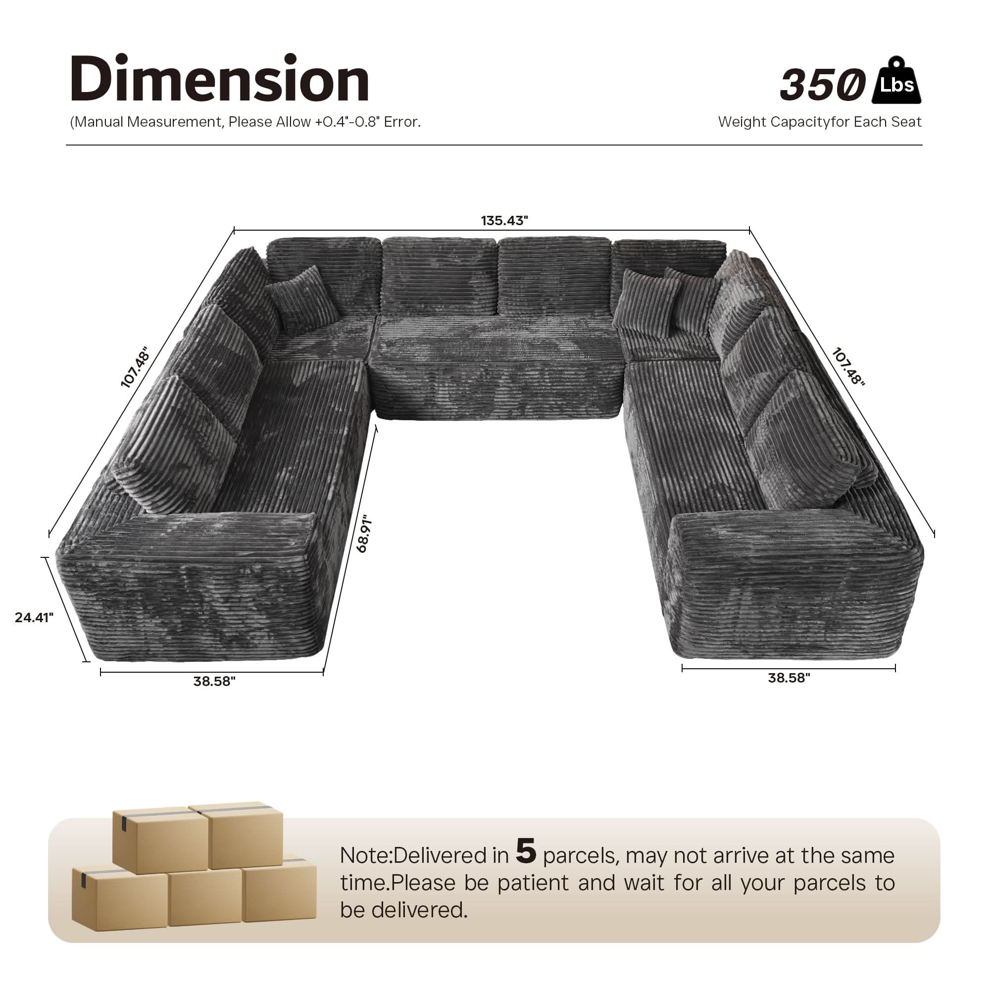 OVIOS Modular Cloud Sofa Corduroy with Memory Foam, U-Shaped Chaise, No Assembly Required