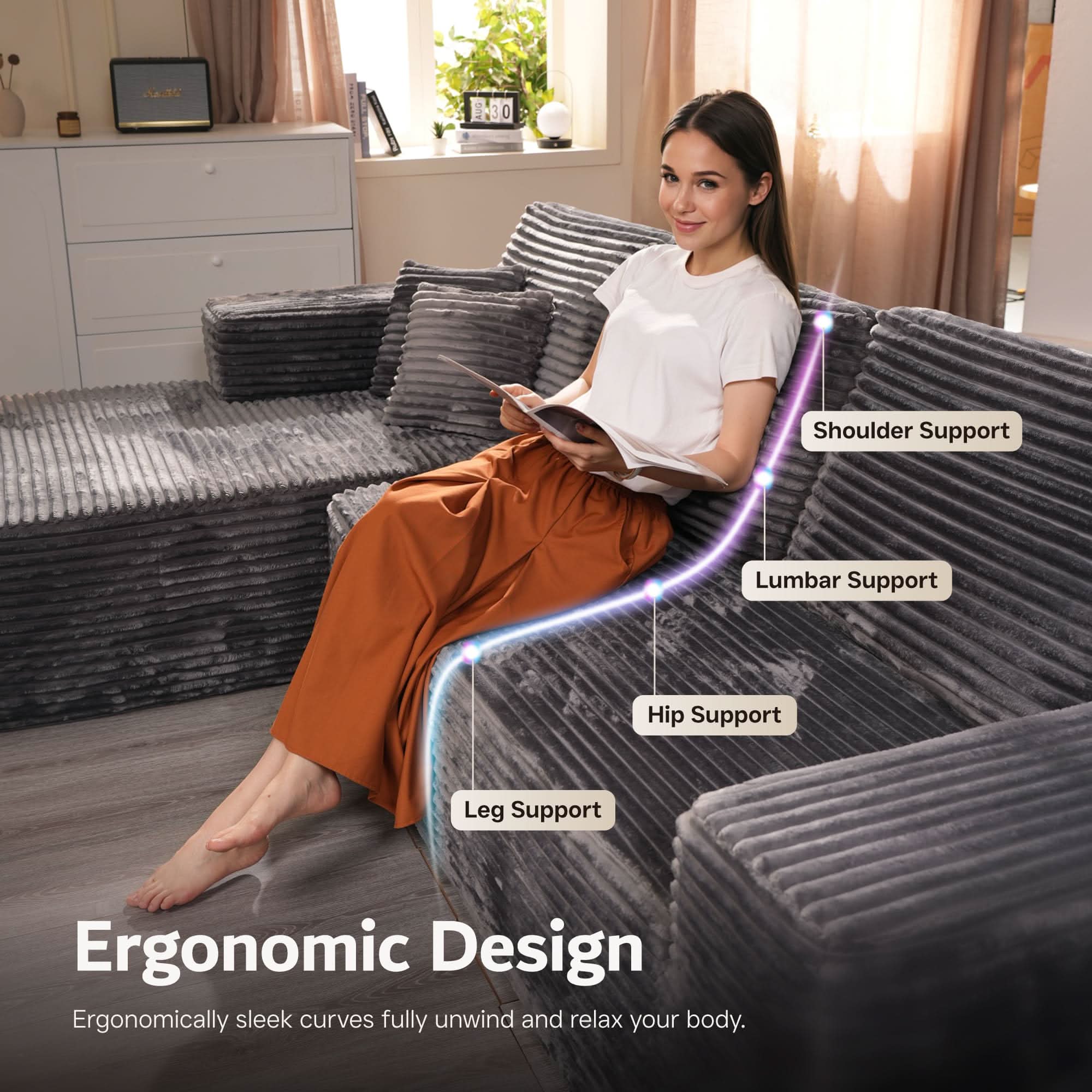 OVIOS U-Shaped Cloud Sectional Sofa with Chaise - Plush Corduroy, Memory Foam & No Assembly