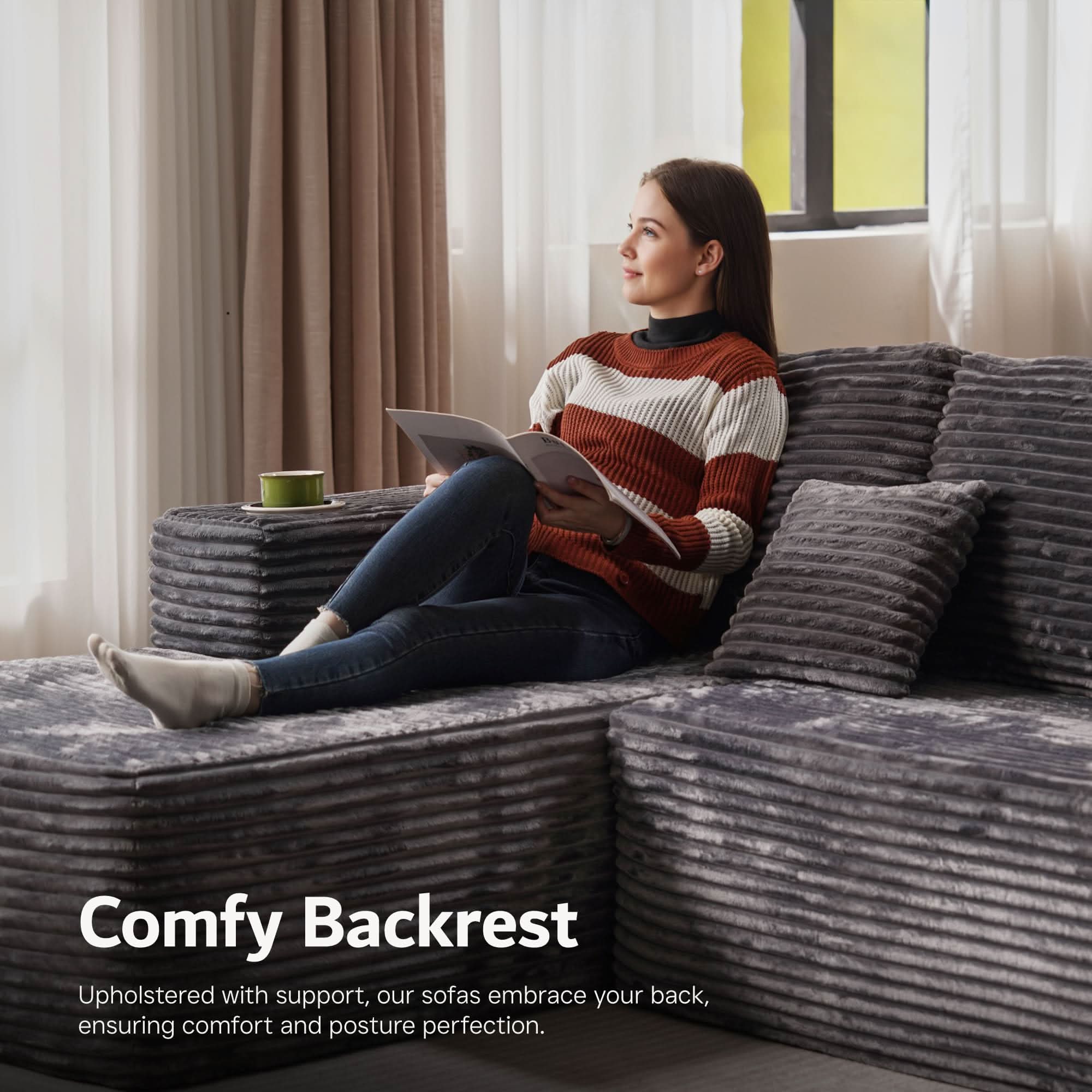 OVIOS Modular Sectional Cloud Sofa, Plush Corduroy with Memory Foam, U-Shaped Chaise, No Assembly Required