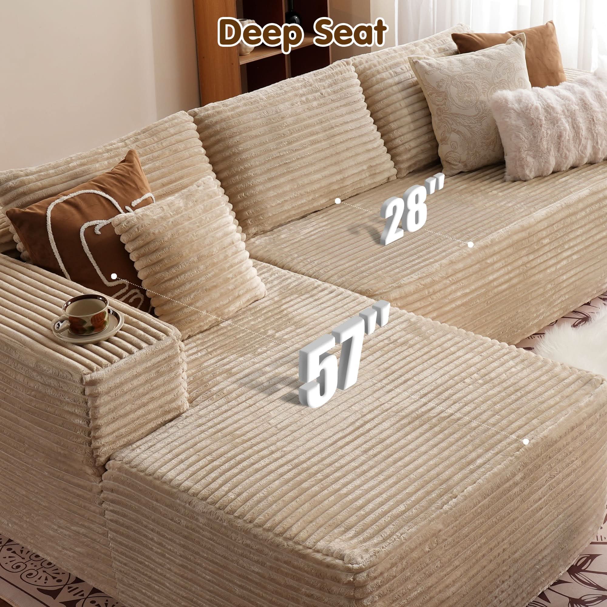 OVIOS 104" L-Shape Modular Couch with Chaise, Plush Corduroy Fabric, No Assembly Required