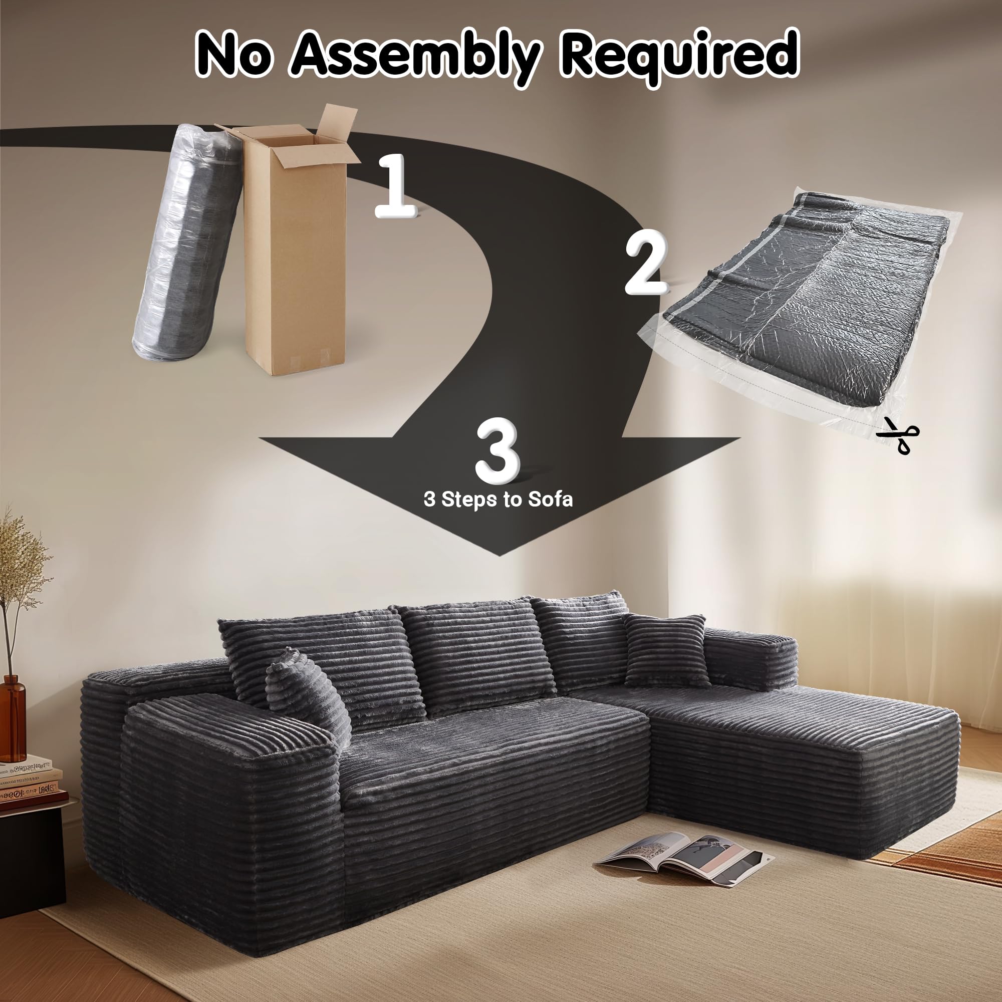 OVIOS 104" L-Shape Modular Couch with Chaise,Corduroy Fabric,No Assembly Required