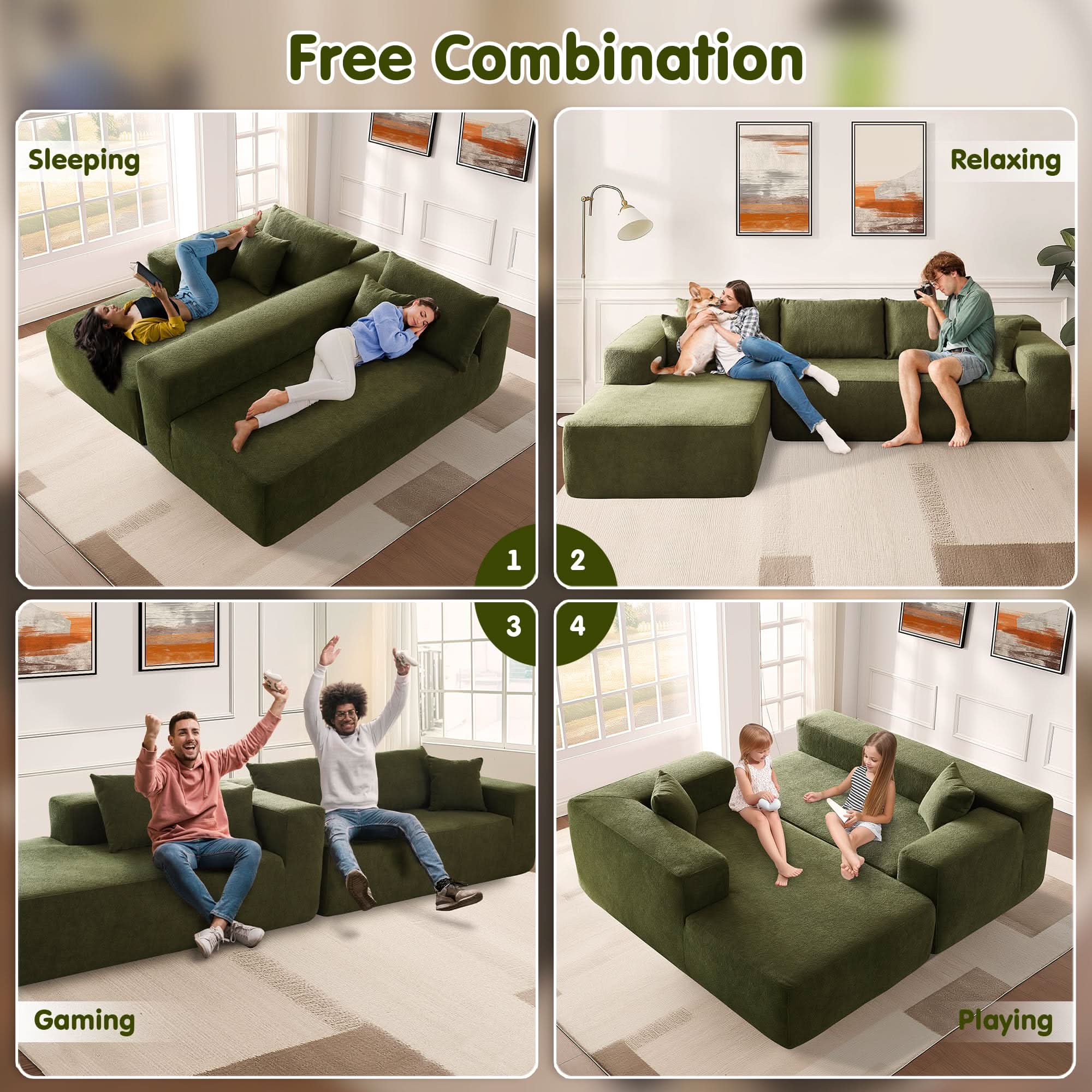 OVIOS 104" L-Shape Modular Couch with Chaise,Cloud Velvet Fabric,No Assembly Required