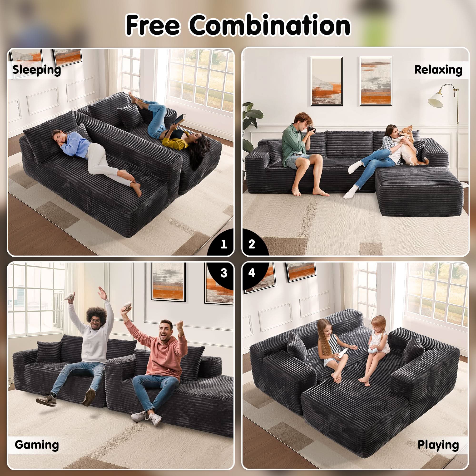 OVIOS 104" L-Shape Modular Couch with Chaise, Plush Corduroy Fabric, No Assembly Required