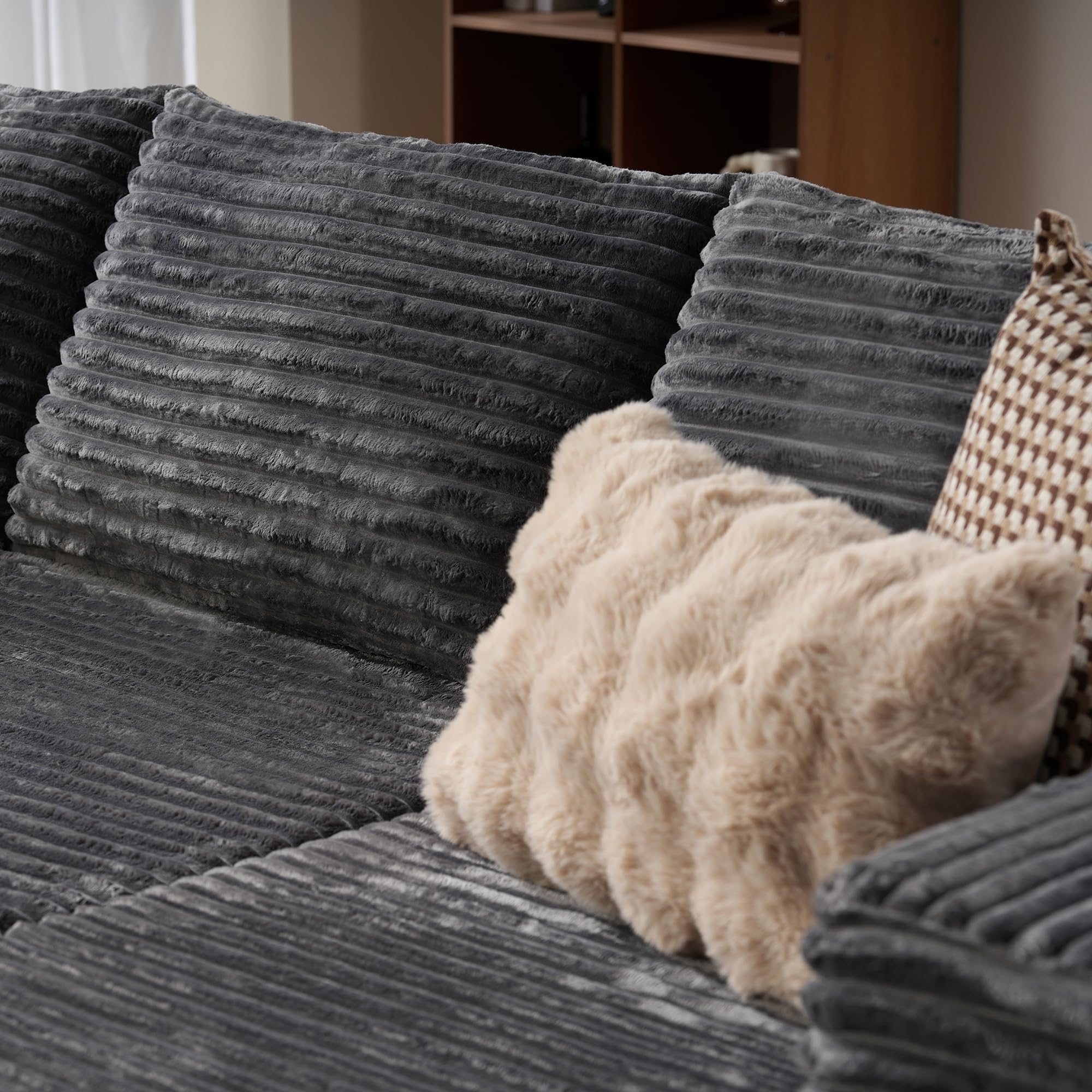 OVIOS 104" L-Shape Modular Couch with Chaise,Corduroy Fabric,No Assembly Required